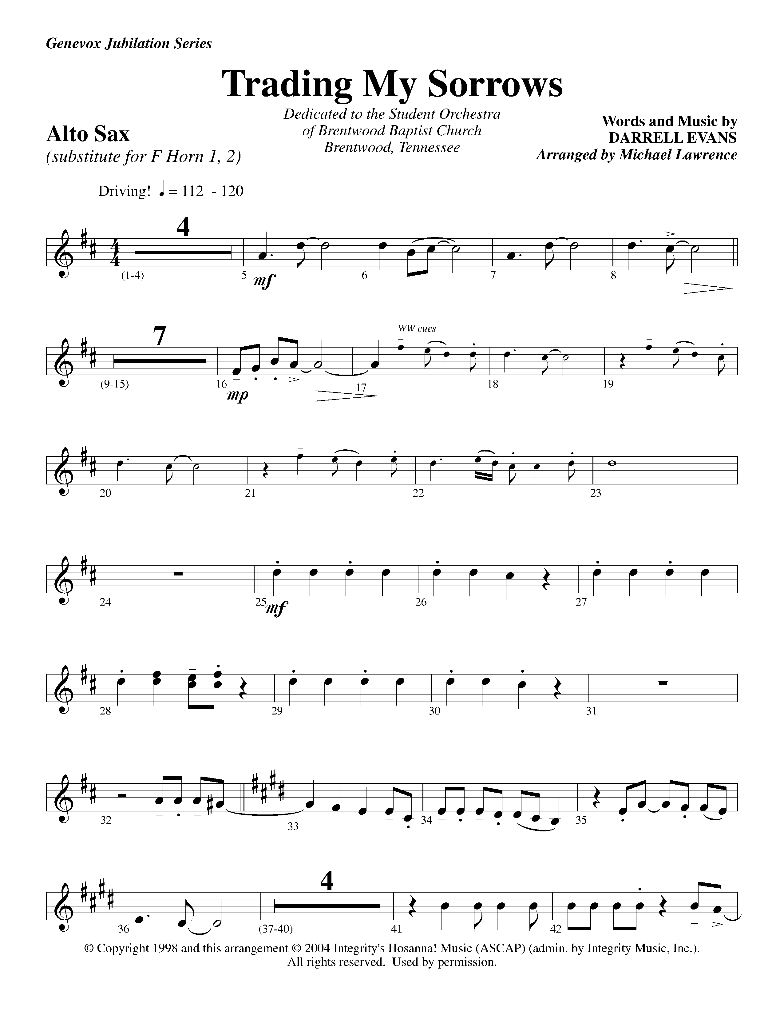 Trading My Sorrows (Instrumental) Alto Sax (Lifeway Worship / Arr. Michael Lawrence)