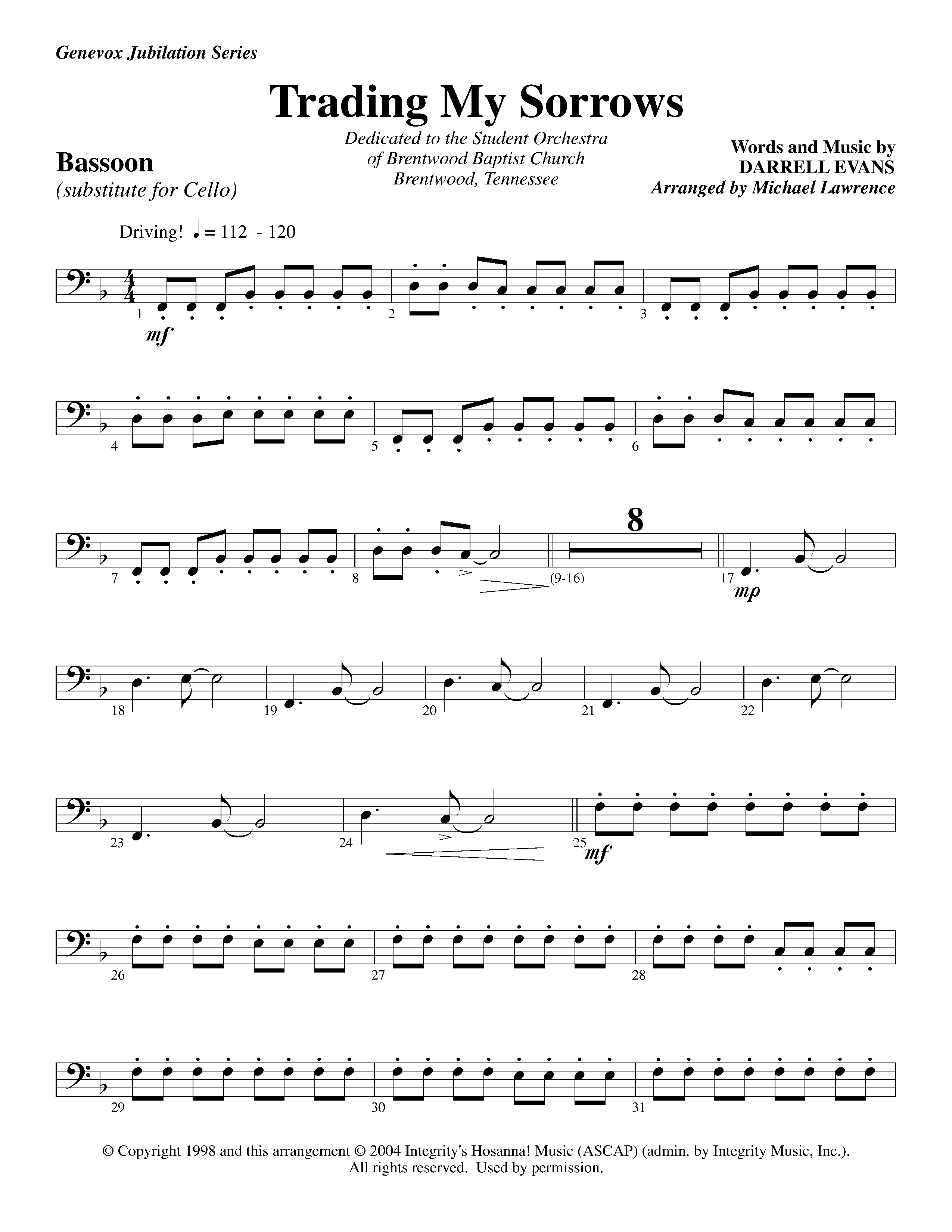 Trading My Sorrows (Instrumental) Bassoon (Lifeway Worship / Arr. Michael Lawrence)