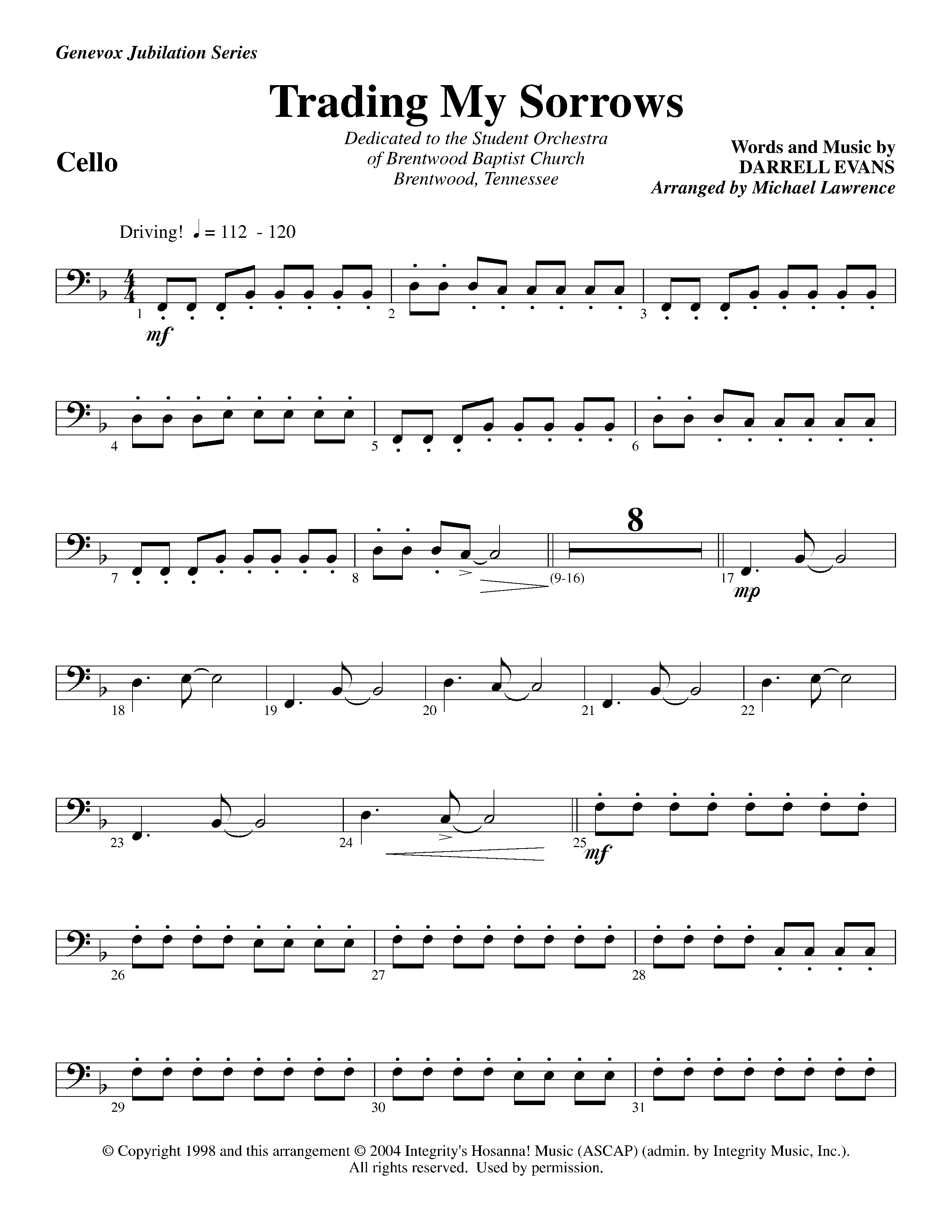 Trading My Sorrows (Instrumental) Cello (Lifeway Worship / Arr. Michael Lawrence)