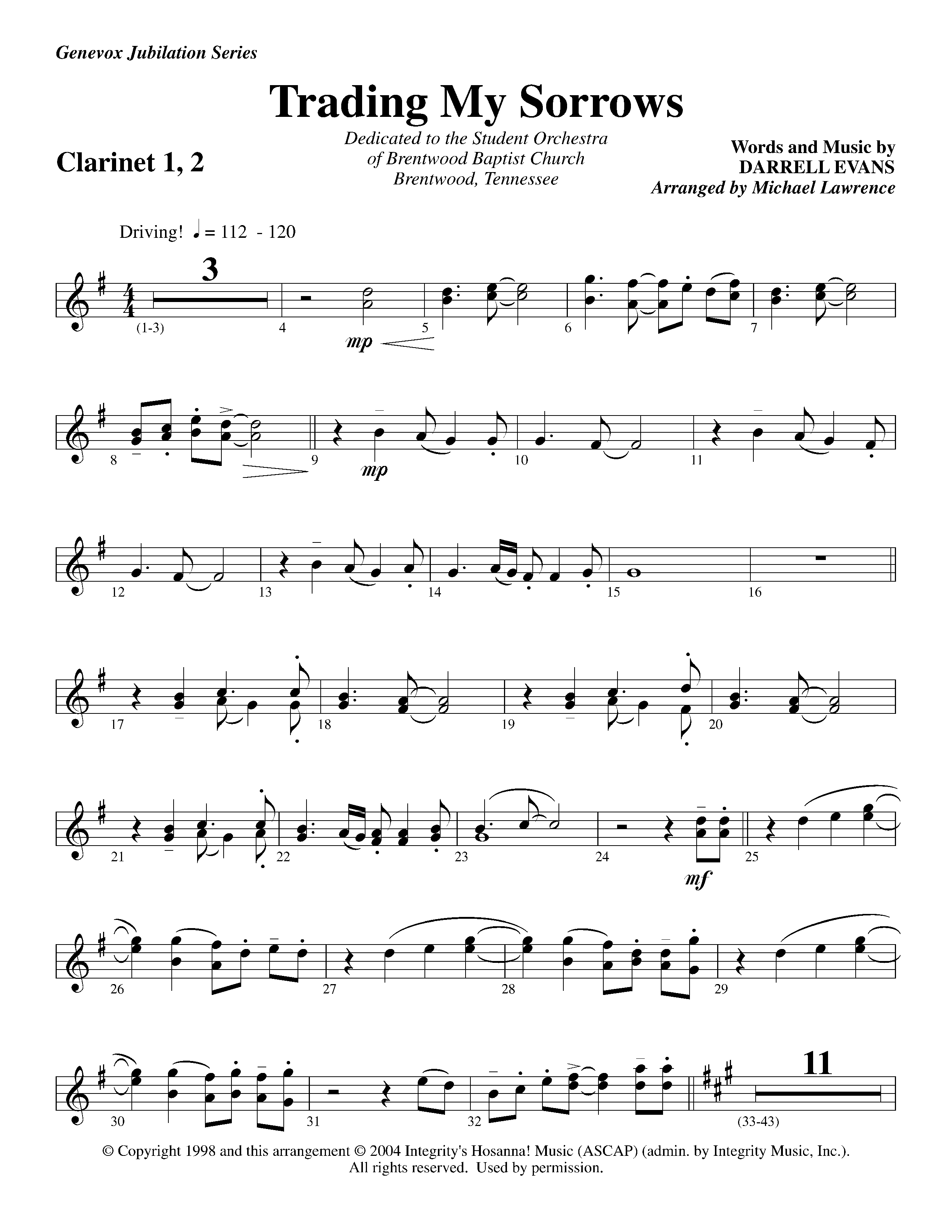 Trading My Sorrows (Instrumental) Clarinet 1/2 (Lifeway Worship / Arr. Michael Lawrence)