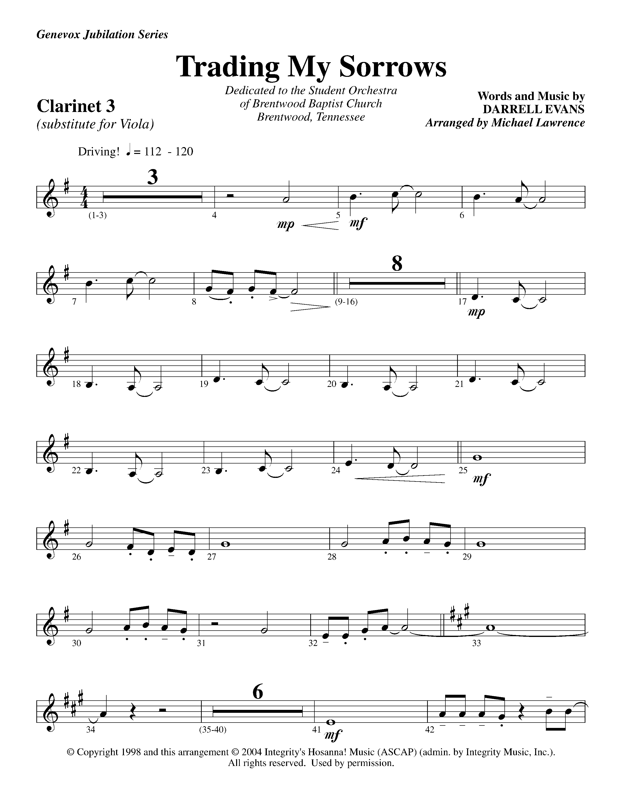 Trading My Sorrows (Instrumental) Clarinet 3 (Lifeway Worship / Arr. Michael Lawrence)