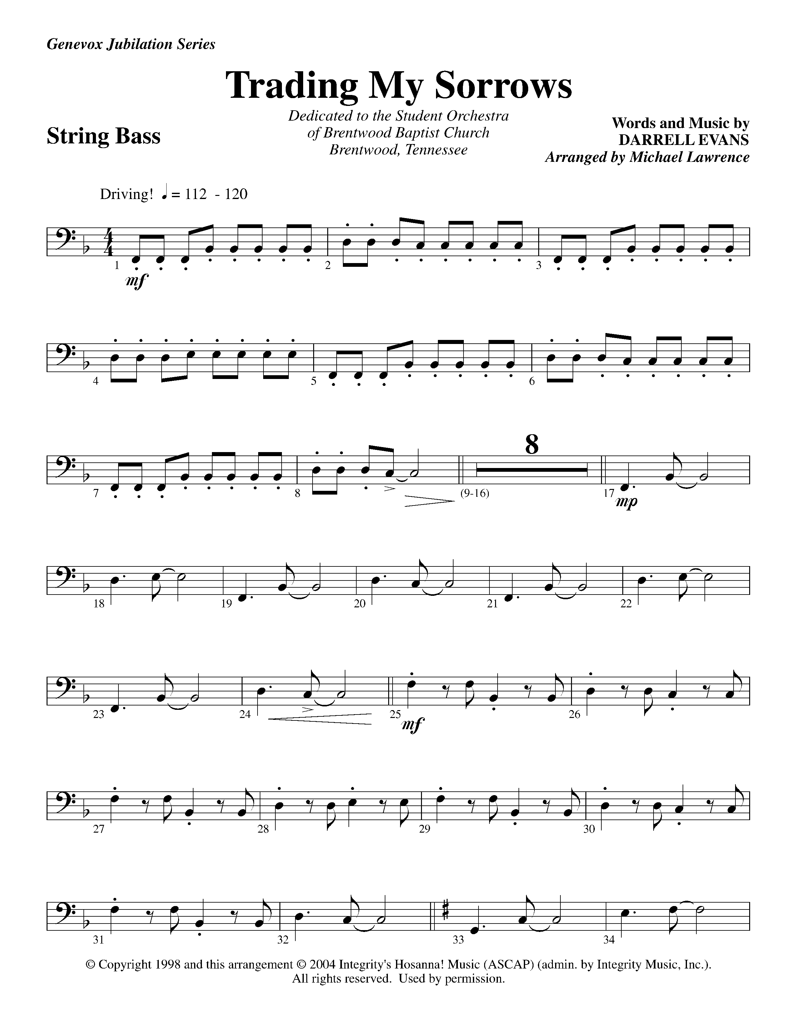 Trading My Sorrows (Instrumental) Double Bass (Lifeway Worship / Arr. Michael Lawrence)