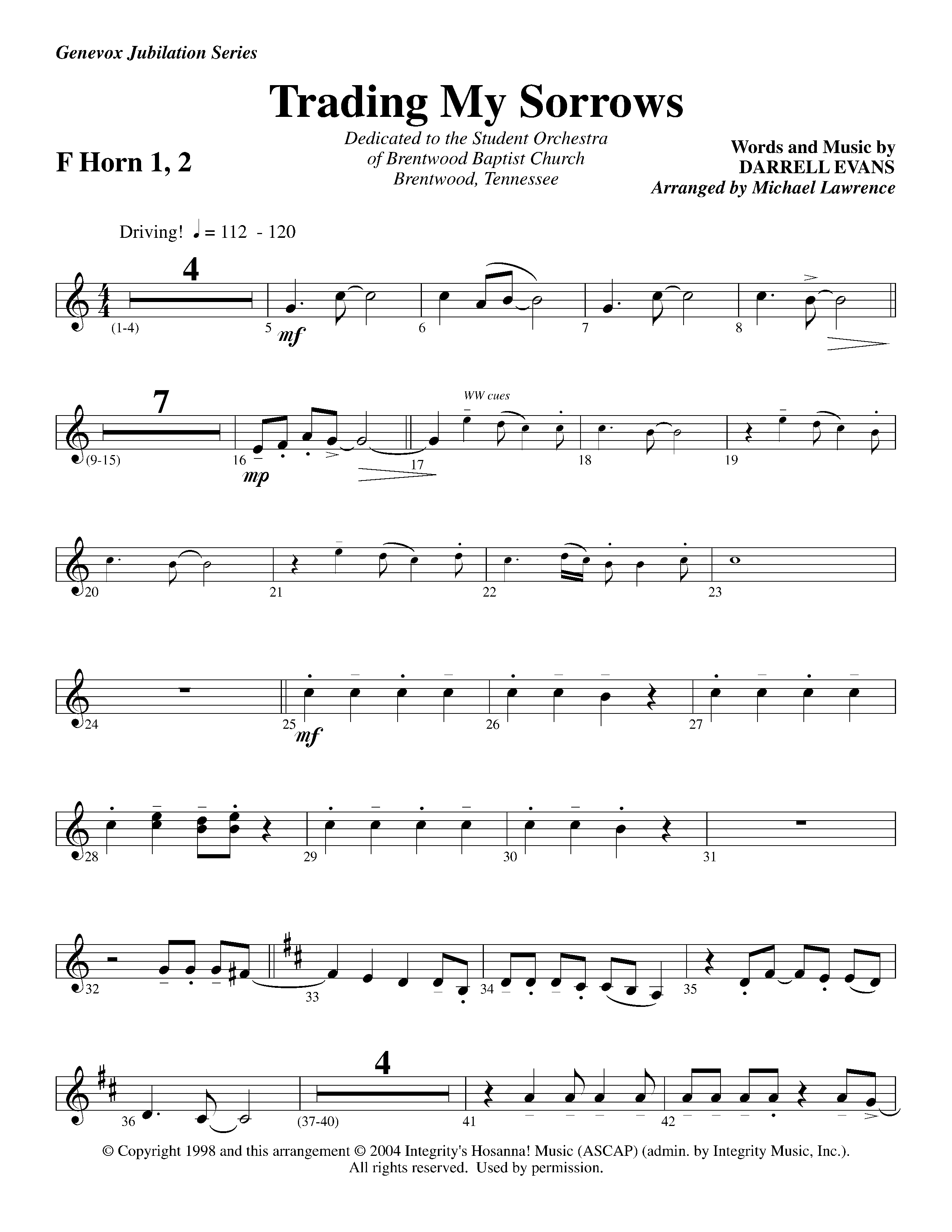 Trading My Sorrows (Instrumental) French Horn 1/2 (Lifeway Worship / Arr. Michael Lawrence)