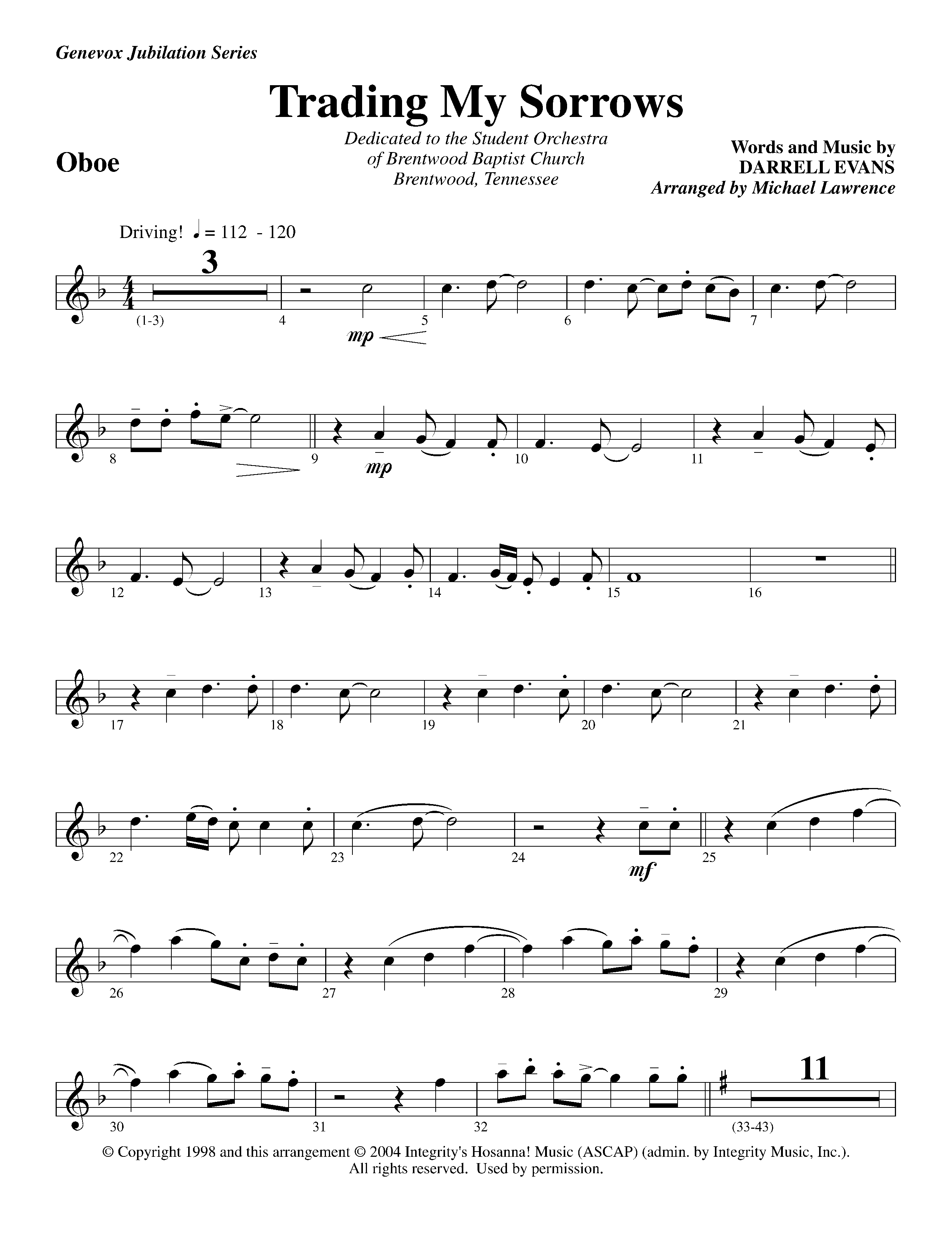 Trading My Sorrows (Instrumental) Oboe (Lifeway Worship / Arr. Michael Lawrence)