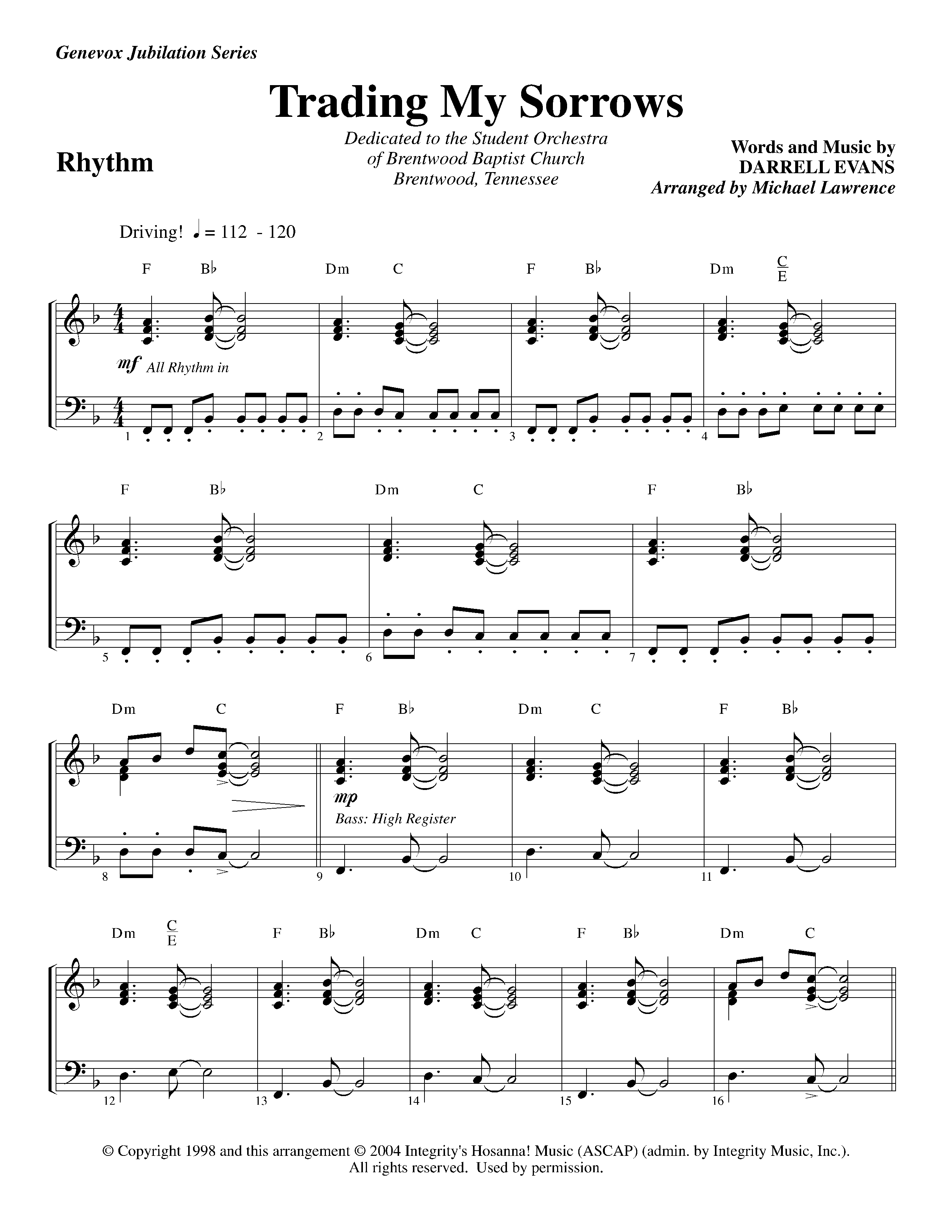 Trading My Sorrows (Instrumental) Rhythm Chart (Lifeway Worship / Arr. Michael Lawrence)