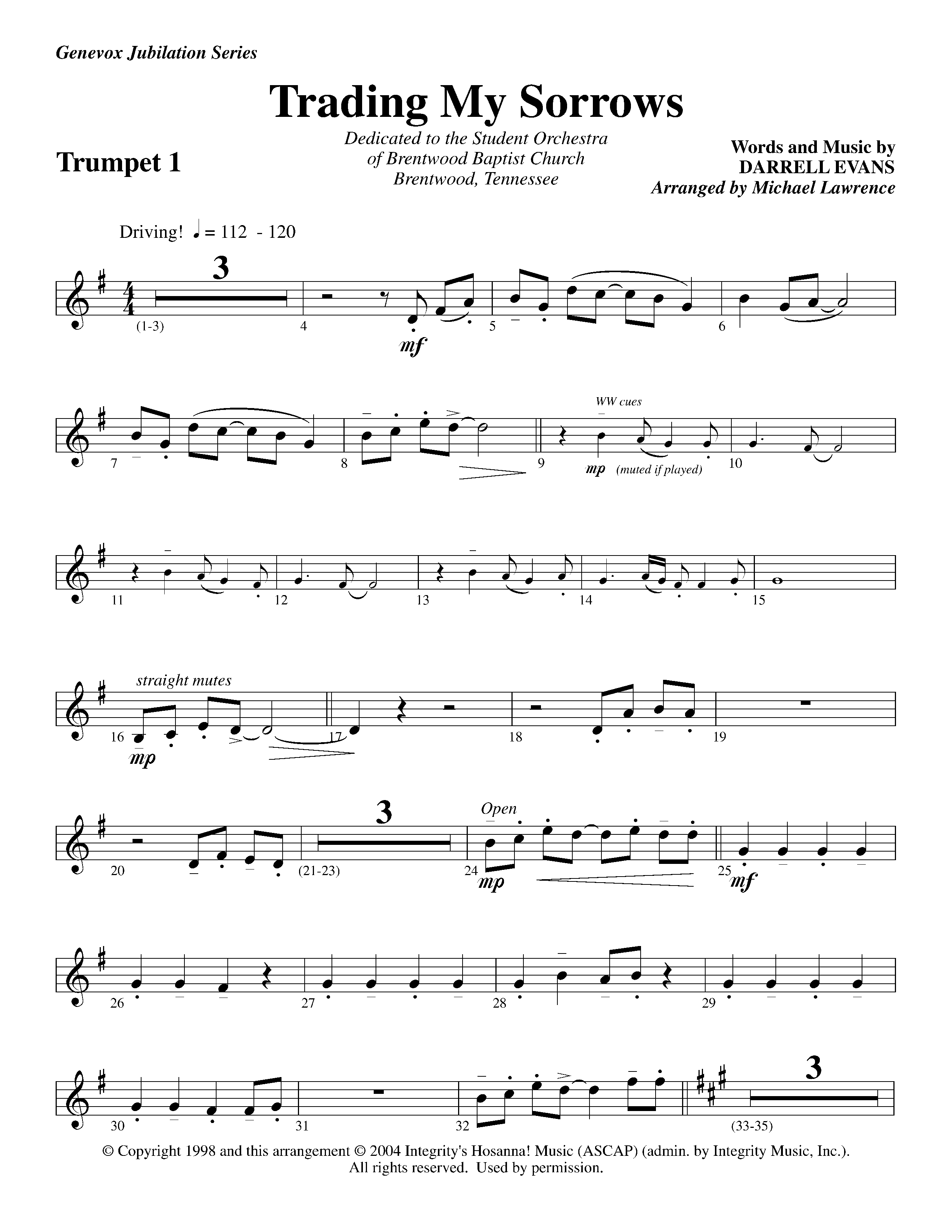 Trading My Sorrows (Instrumental) Trumpet 1 (Lifeway Worship / Arr. Michael Lawrence)