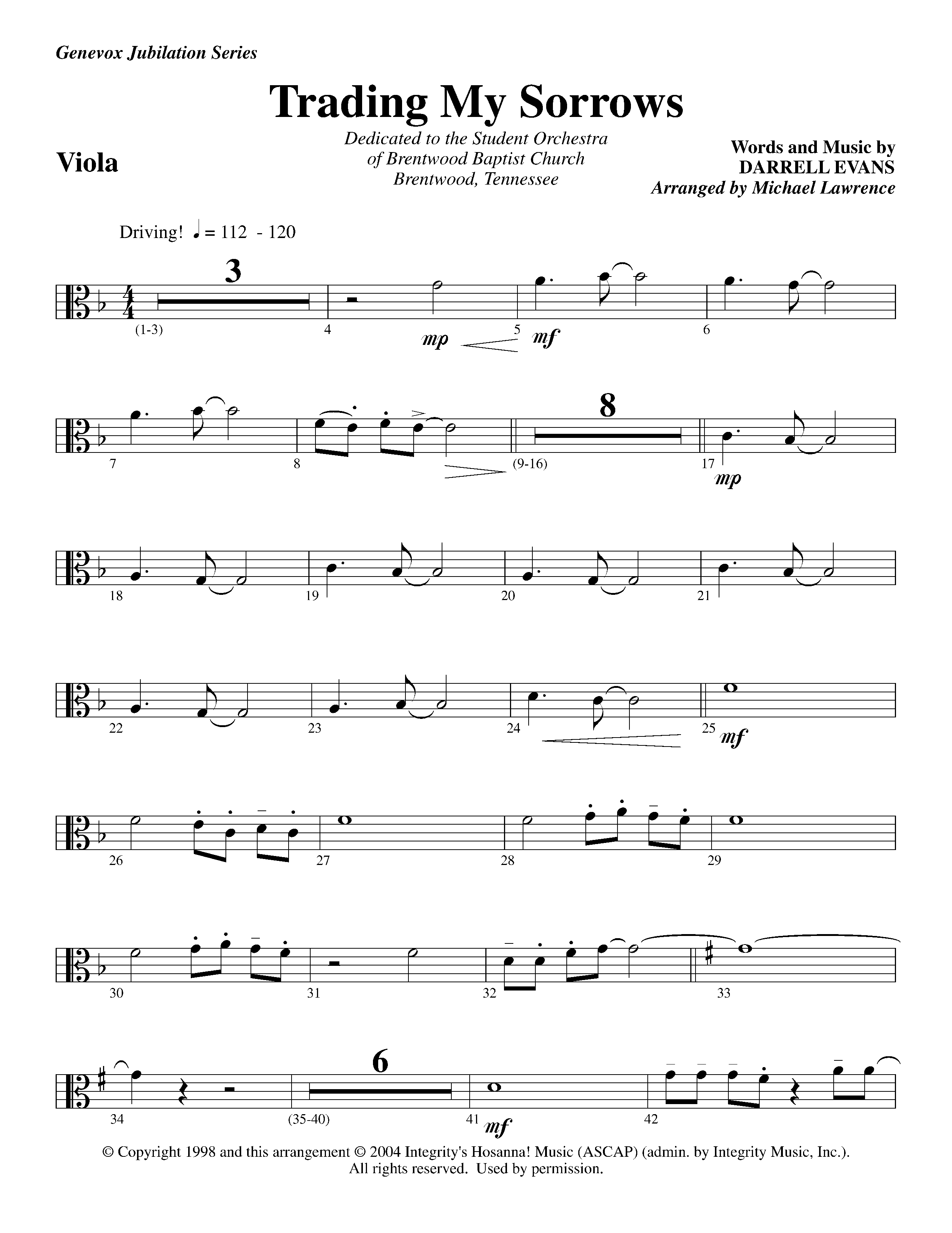 Trading My Sorrows (Instrumental) Viola (Lifeway Worship / Arr. Michael Lawrence)