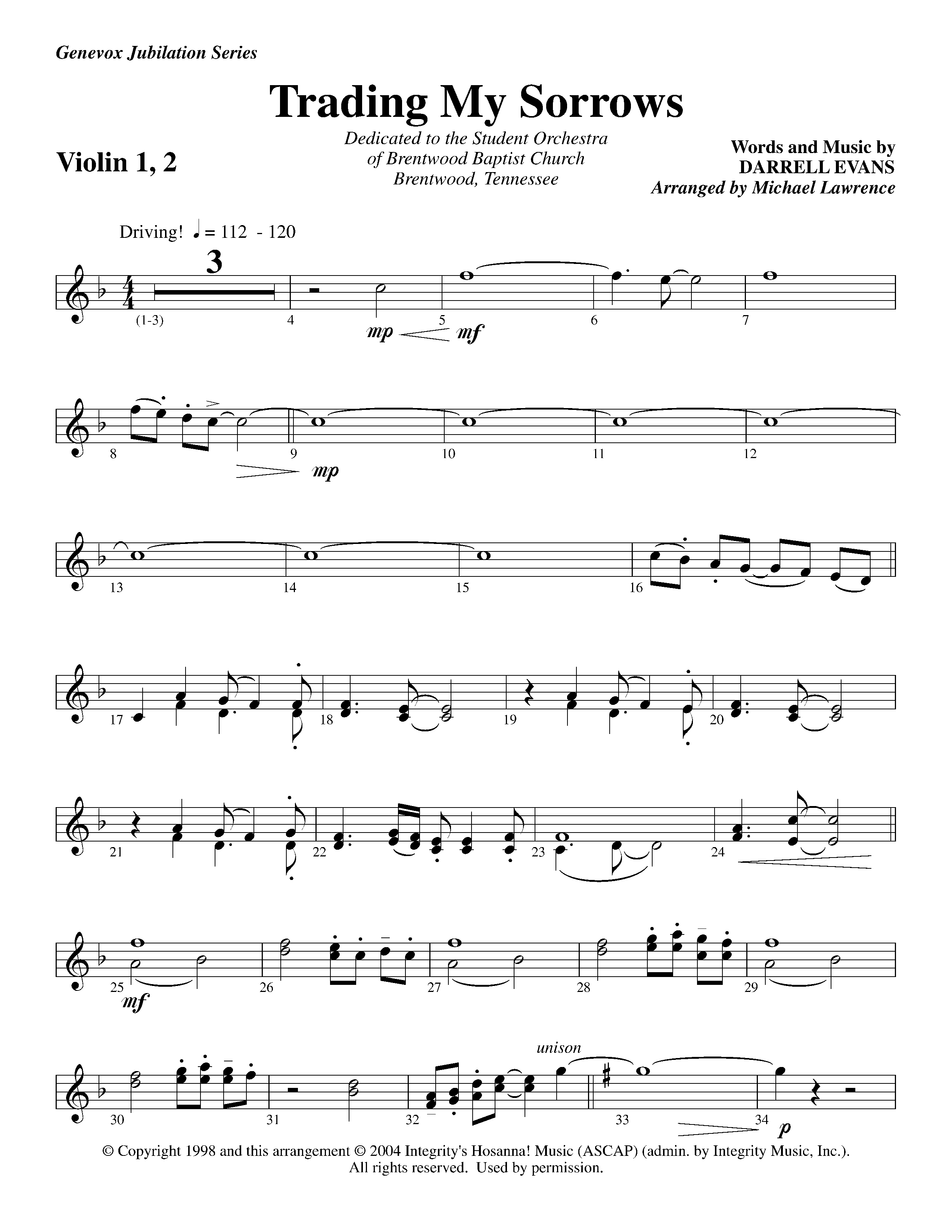 Trading My Sorrows (Instrumental) Violin 1/2 (Lifeway Worship / Arr. Michael Lawrence)