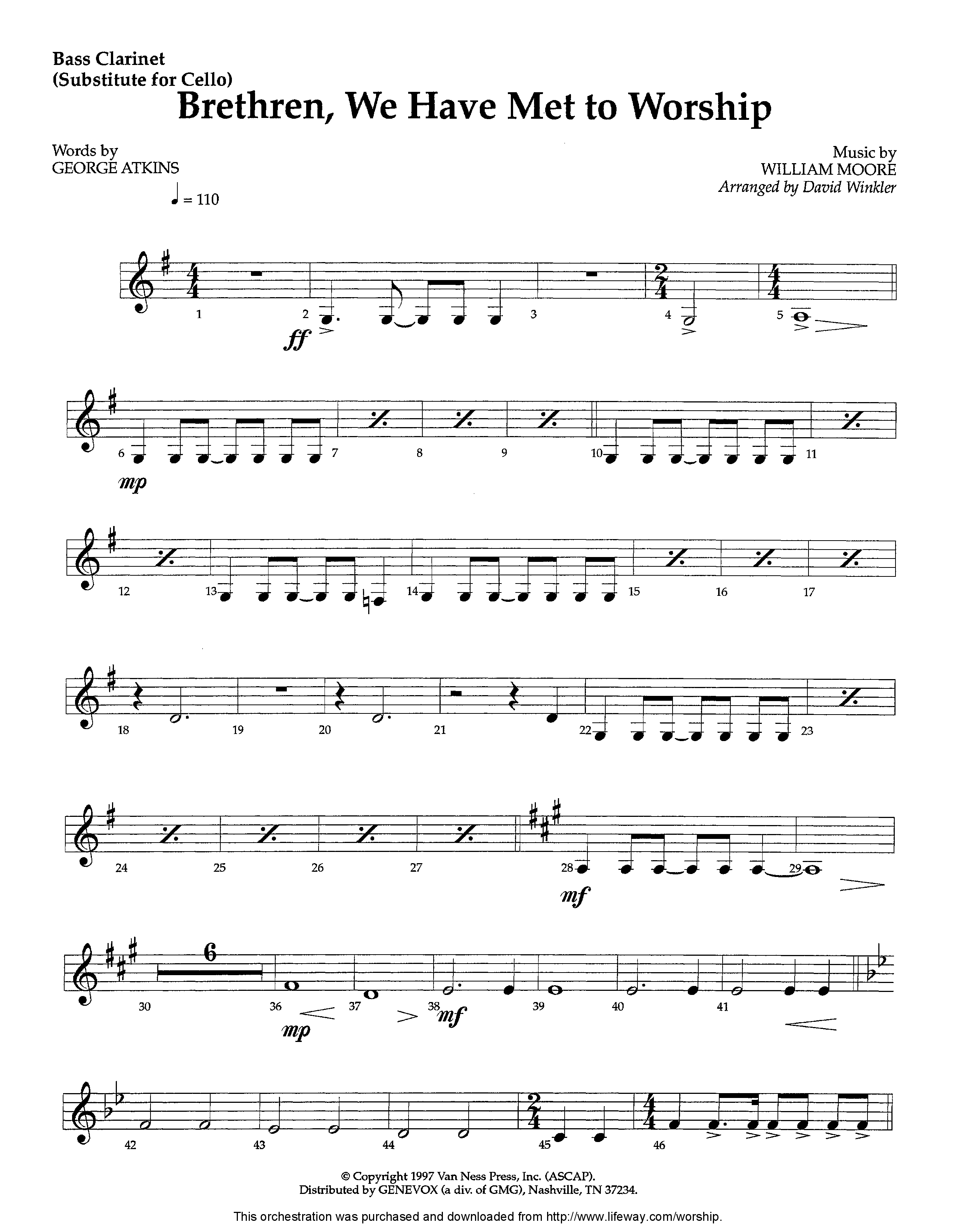 Brethren We Have Met To Worship (Instrumental) Bass Clarinet (Lifeway Worship / Arr. David Winkler)