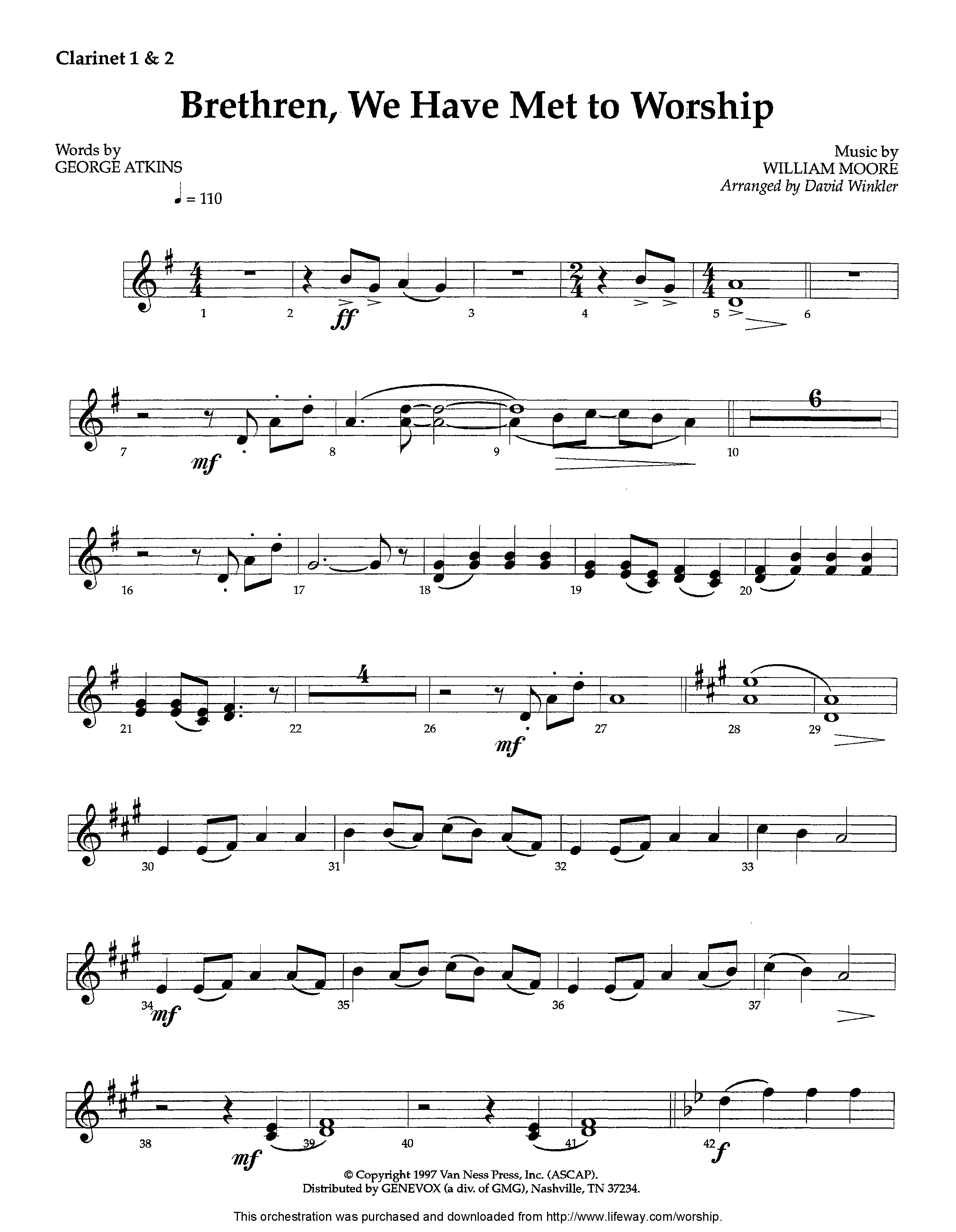 Brethren We Have Met To Worship (Instrumental) Clarinet 1/2 (Lifeway Worship / Arr. David Winkler)
