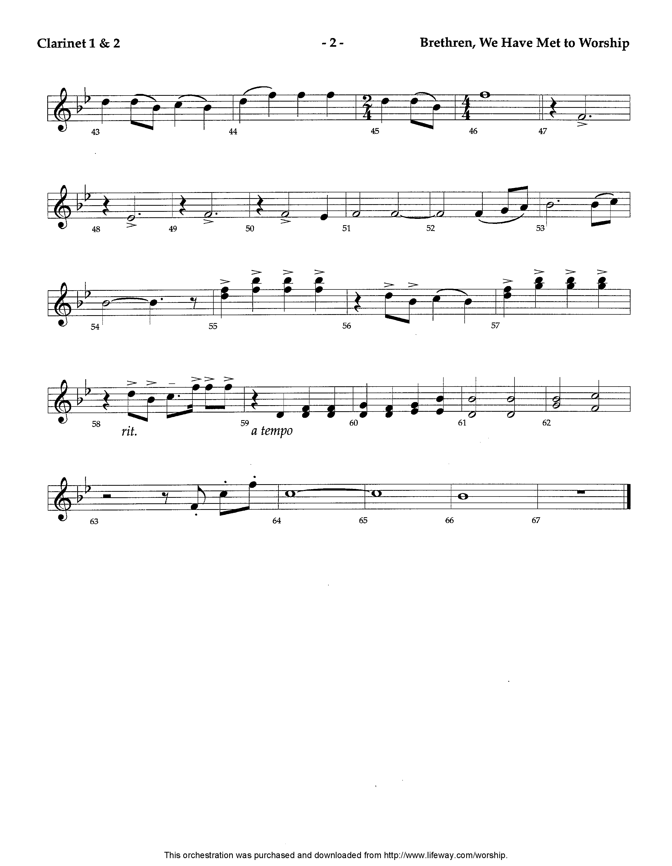 Brethren We Have Met To Worship (Instrumental) Clarinet 1/2 (Lifeway Worship / Arr. David Winkler)