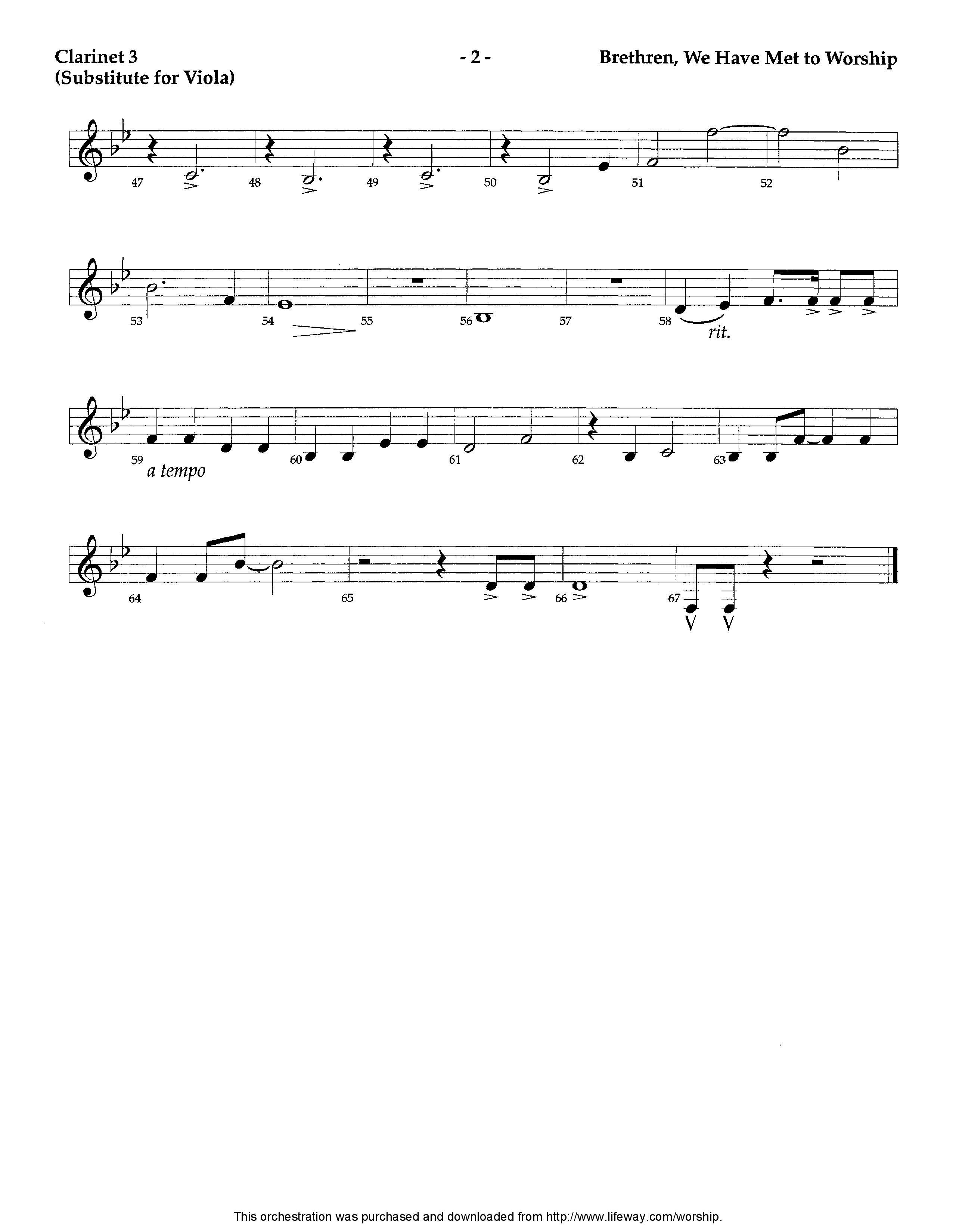 Brethren We Have Met To Worship (Instrumental) Clarinet 3 (Lifeway Worship / Arr. David Winkler)