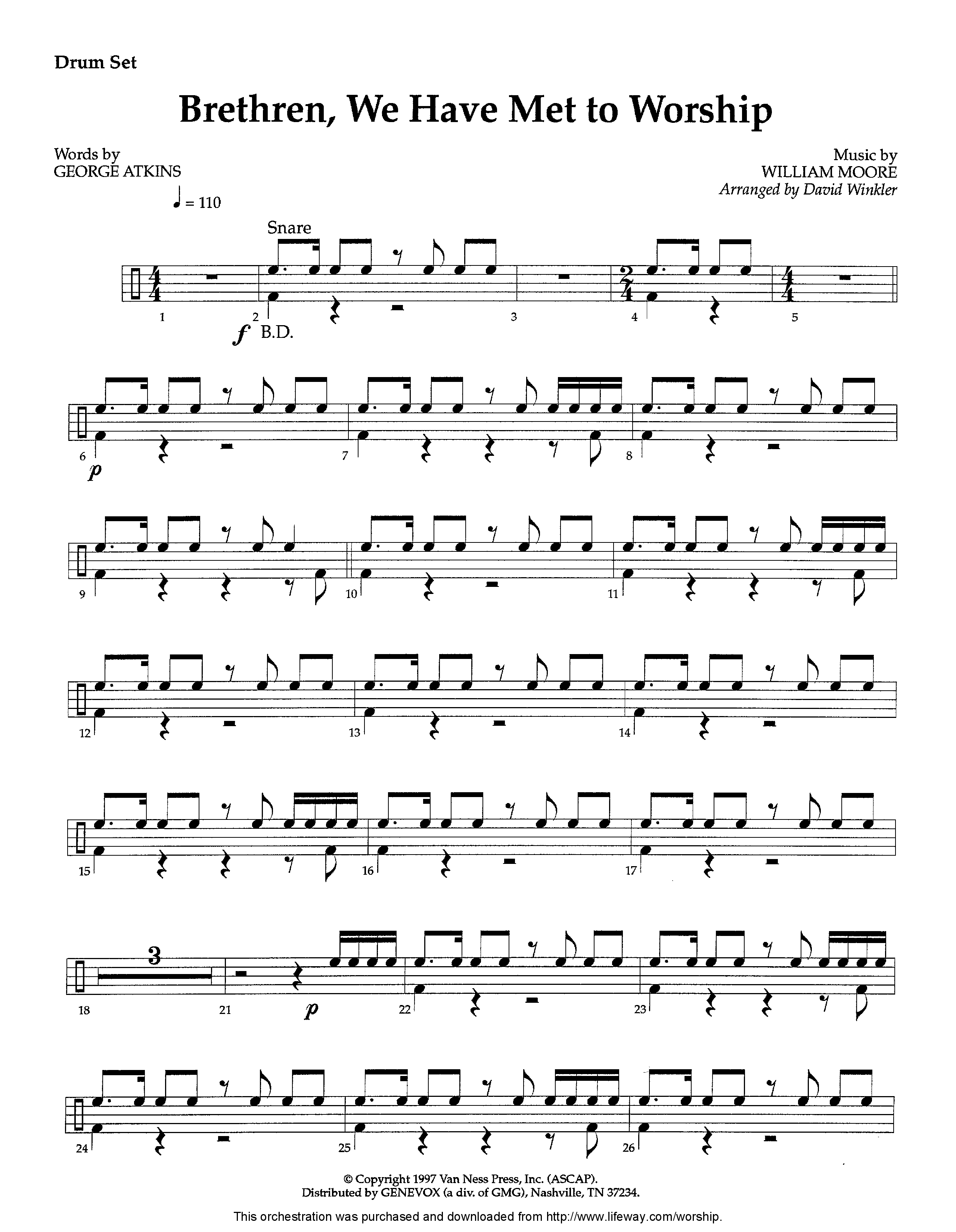 Brethren We Have Met To Worship (Instrumental) Drum Set (Lifeway Worship / Arr. David Winkler)