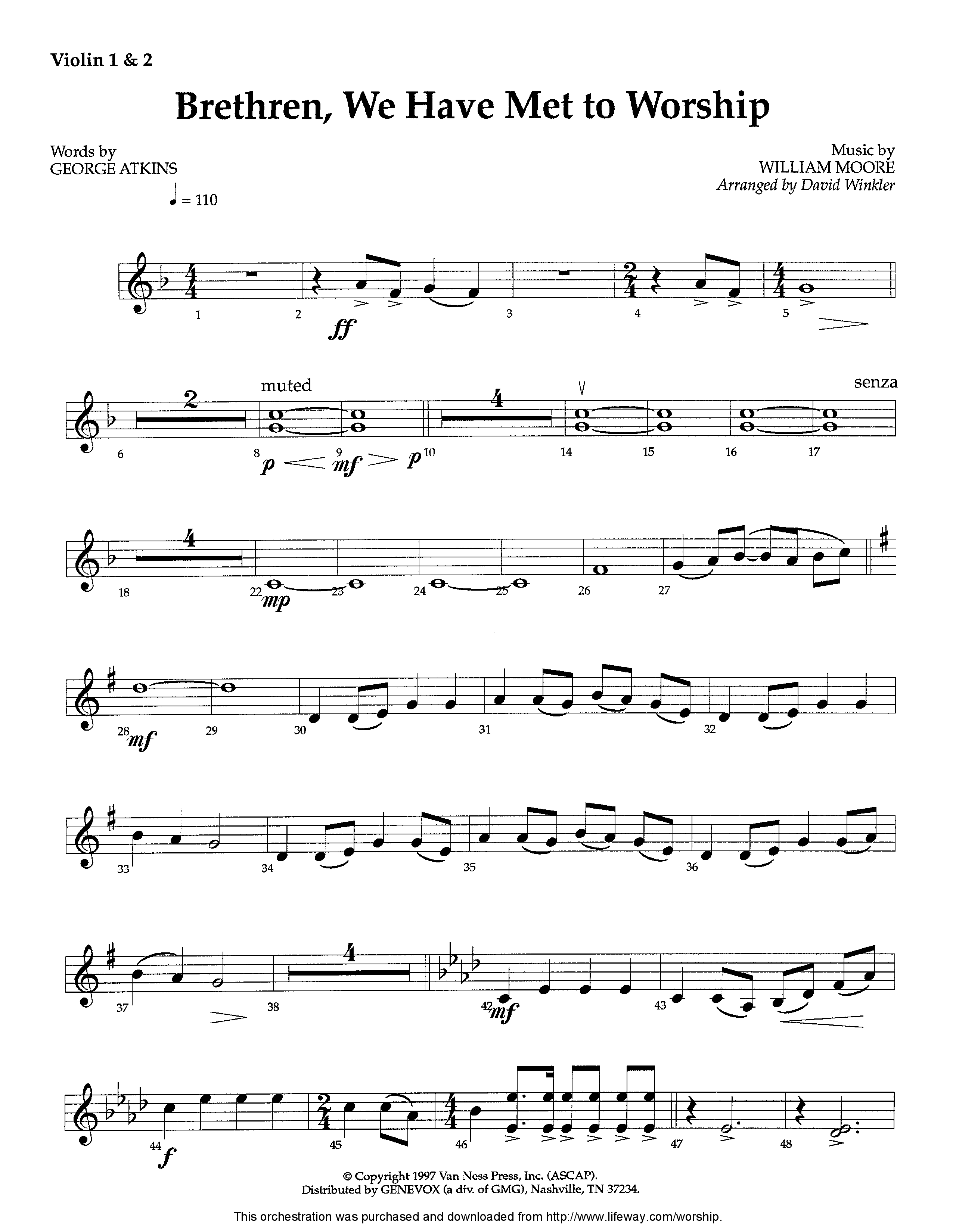 Brethren We Have Met To Worship (Instrumental) Violin 1/2 (Lifeway Worship / Arr. David Winkler)