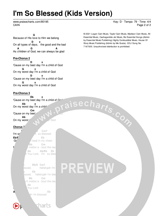 I'm So Blessed (Kids Version) Chords & Lyrics (CAIN)