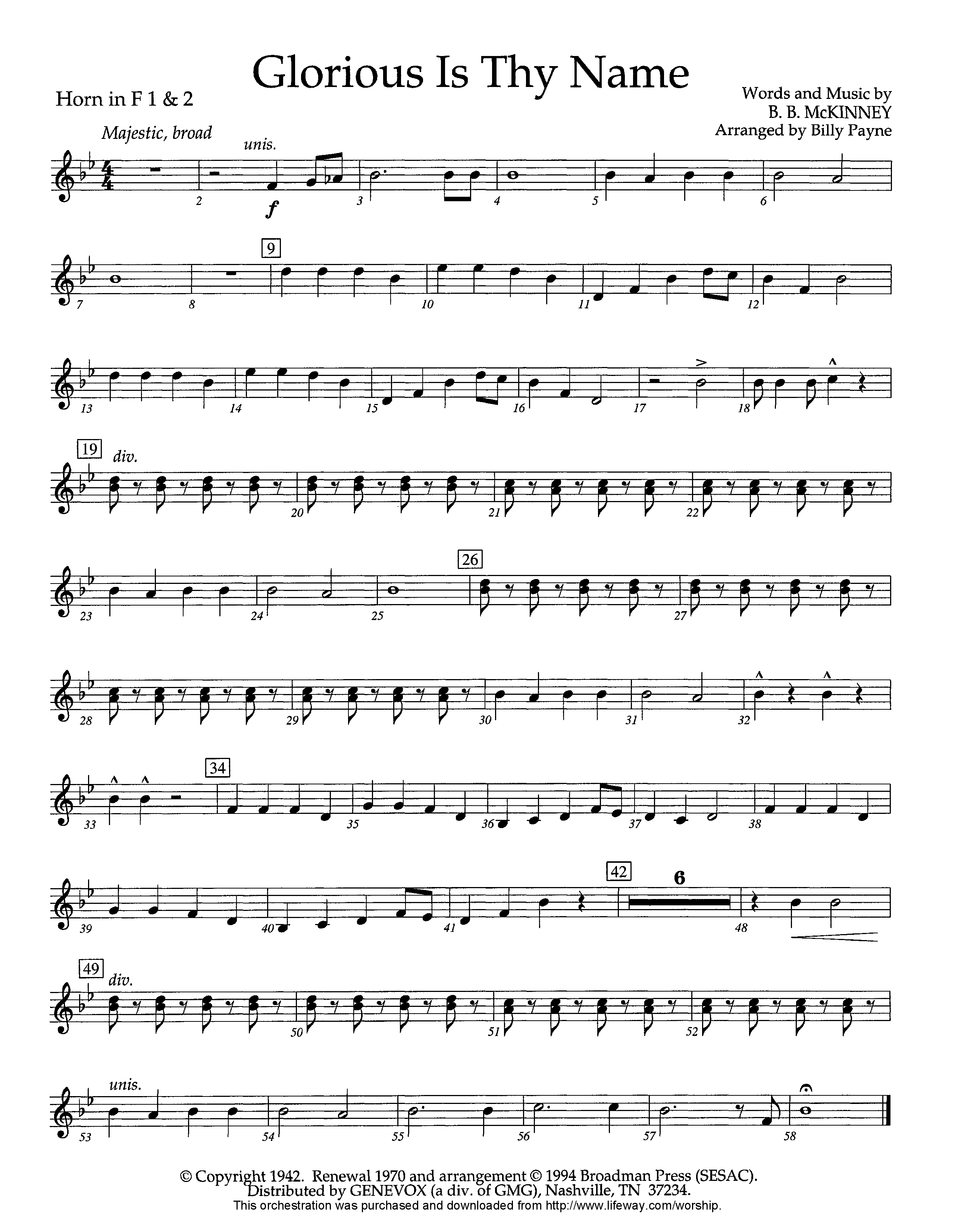 Glorious Is Thy Name (Instrumental) French Horn 1/2 (Lifeway Worship / Arr. Billy Payne)