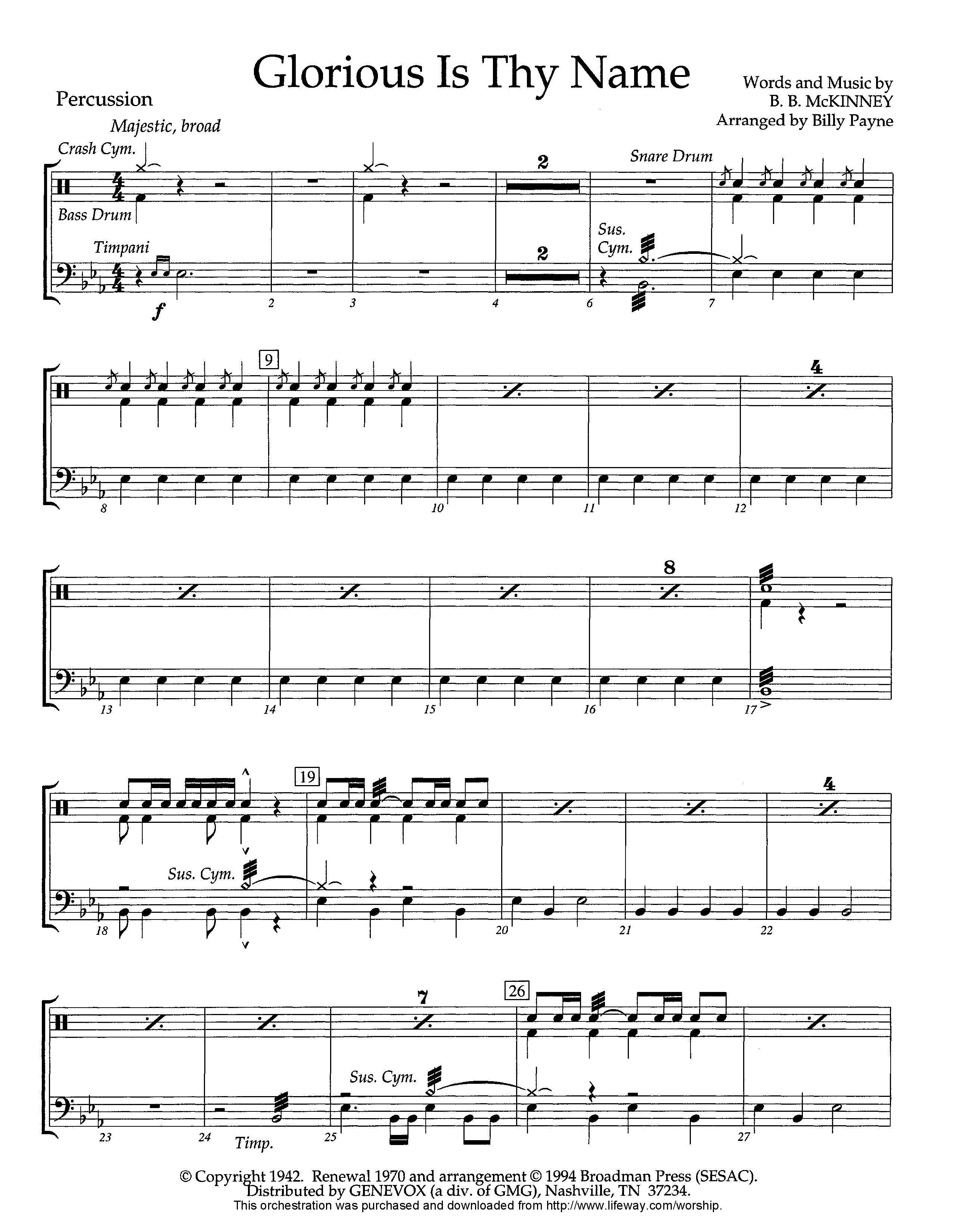 Glorious Is Thy Name (Instrumental) Percussion (Lifeway Worship / Arr. Billy Payne)
