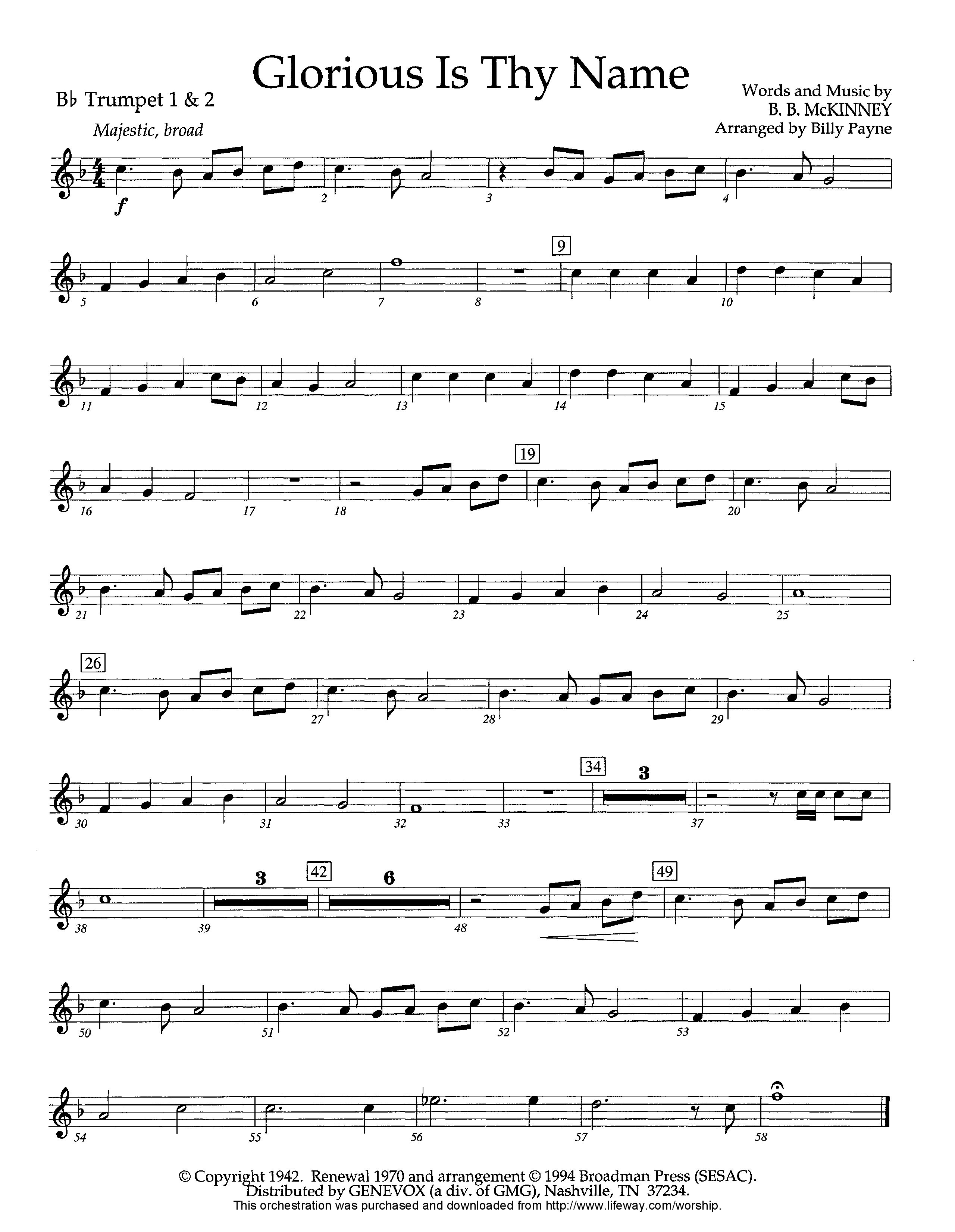 Glorious Is Thy Name (Instrumental) Trumpet 1,2 (Lifeway Worship / Arr. Billy Payne)