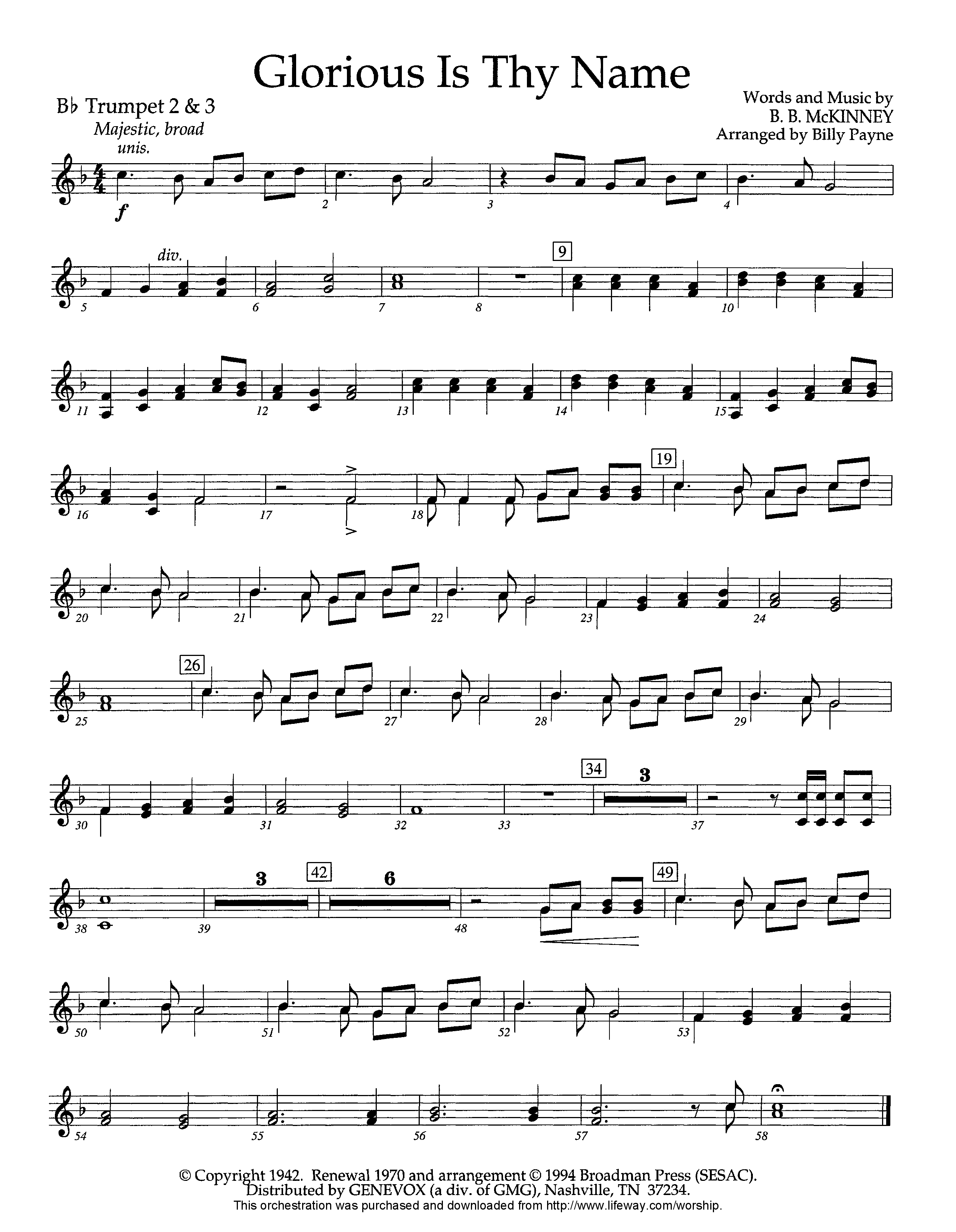 Glorious Is Thy Name (Instrumental) Trumpet 2/3 (Lifeway Worship / Arr. Billy Payne)