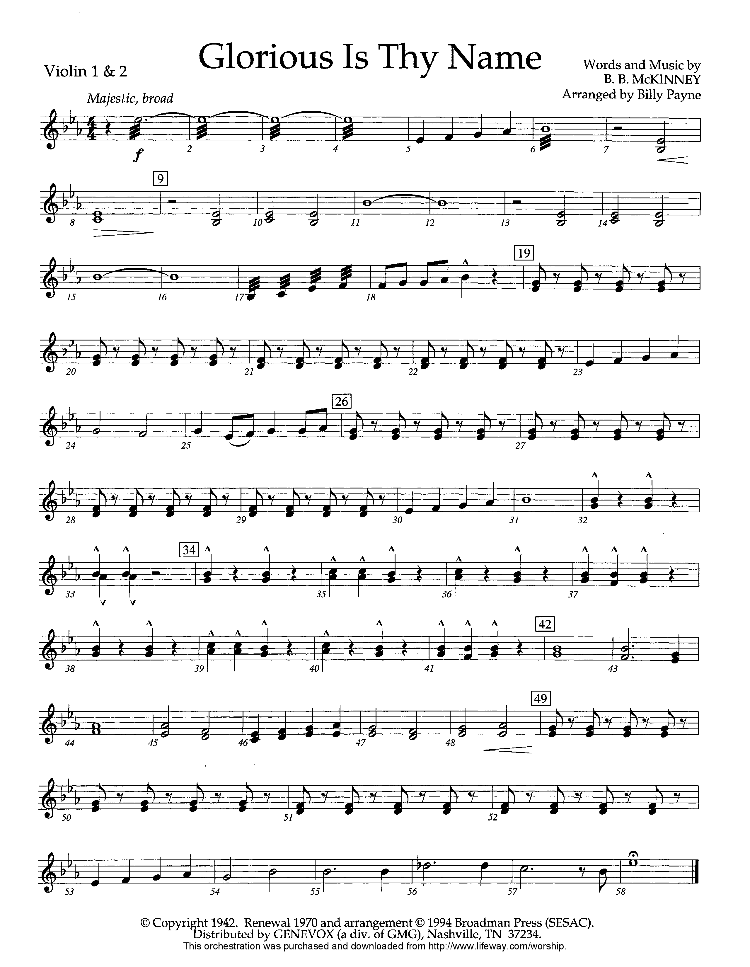 Glorious Is Thy Name (Instrumental) Violin 1/2 (Lifeway Worship / Arr. Billy Payne)