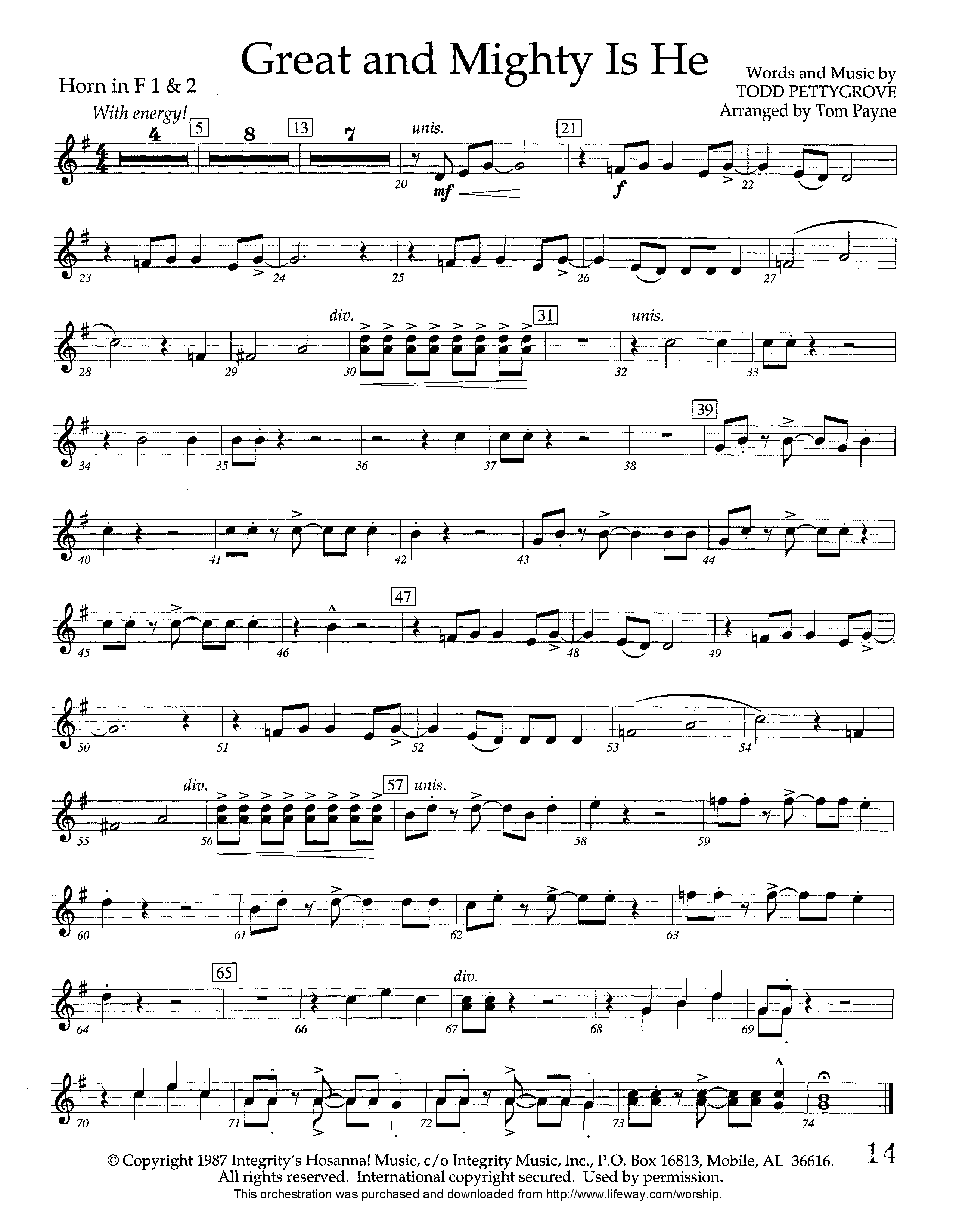 Great and Mighty is He (Instrumental) French Horn 1/2 (Lifeway Worship / Arr. Tom Payne)