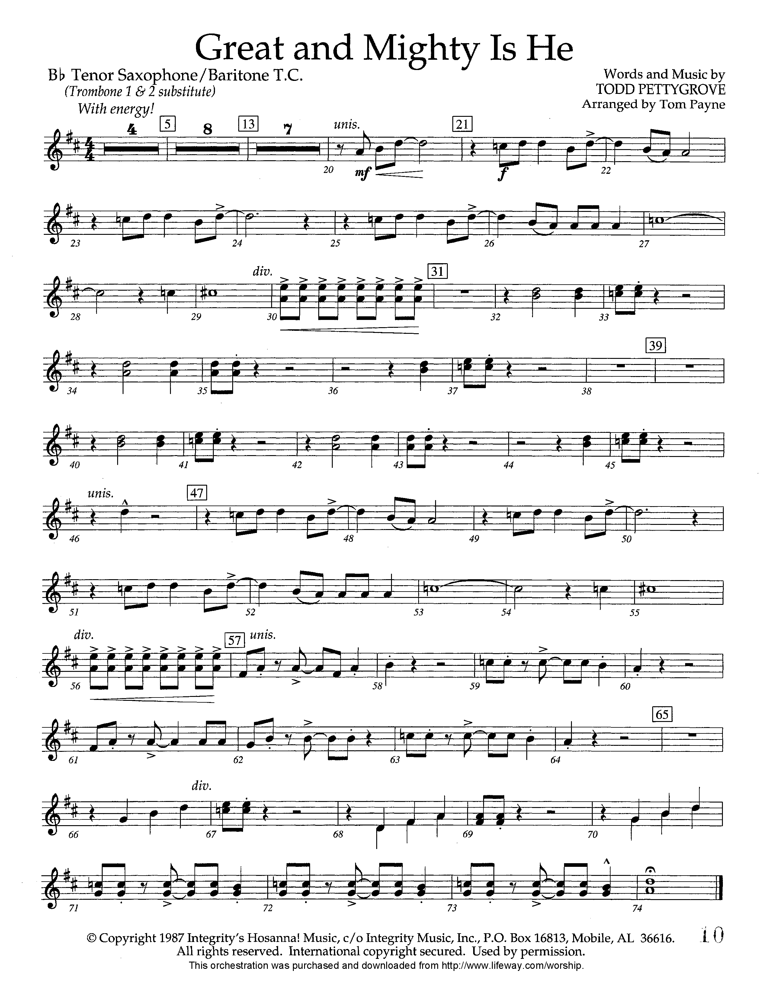 Great and Mighty is He (Instrumental) Tenor Sax/Baritone T.C. (Lifeway Worship / Arr. Tom Payne)