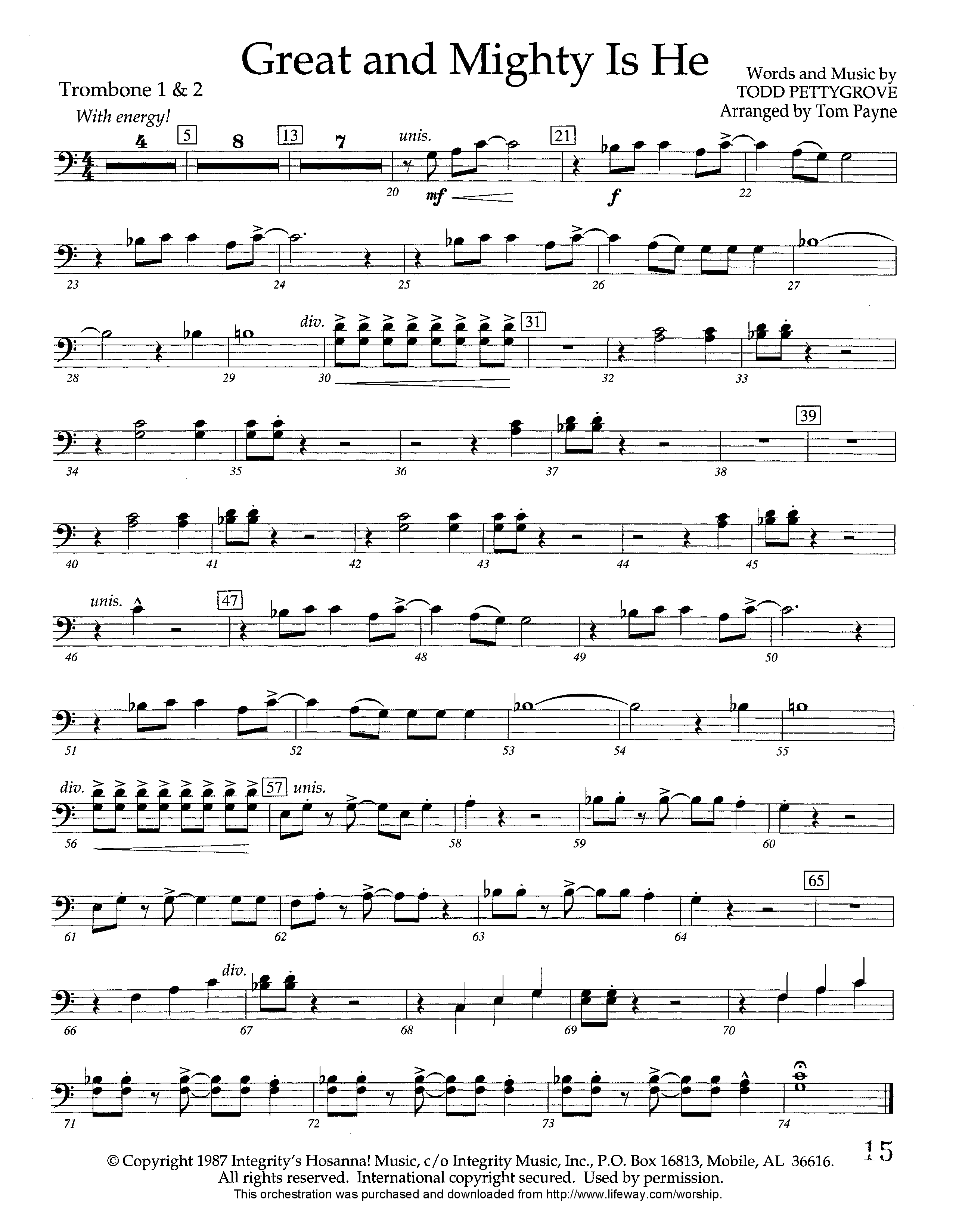 Great and Mighty is He (Instrumental) Trombone 1/2 (Lifeway Worship / Arr. Tom Payne)