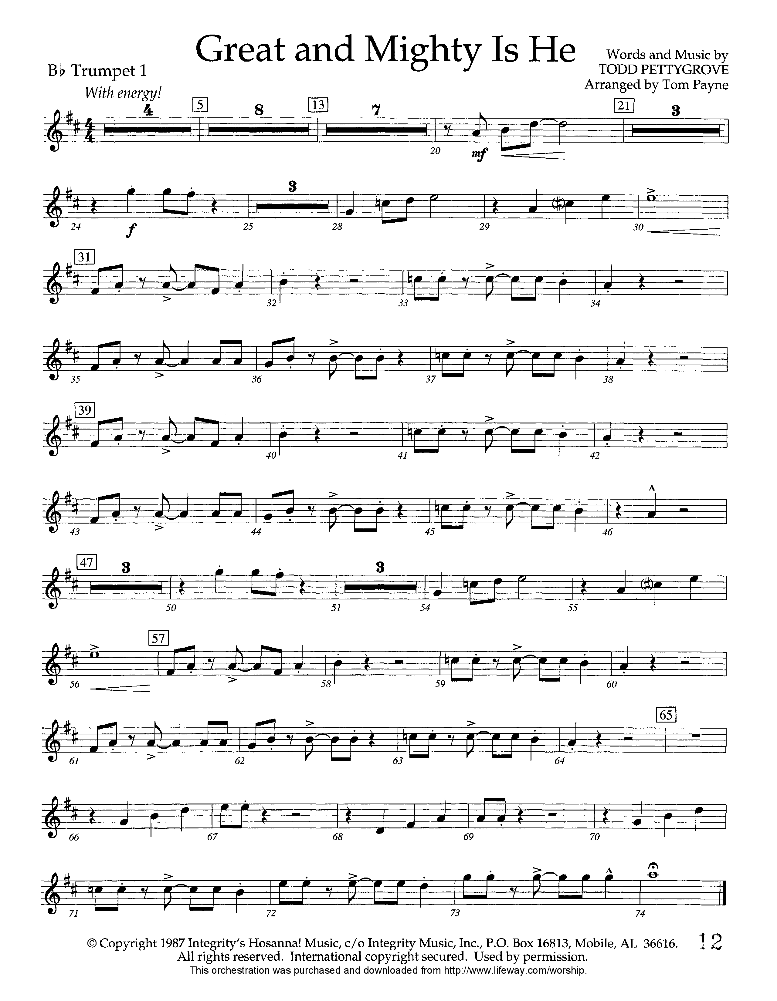 Great and Mighty is He (Instrumental) Trumpet 1 (Lifeway Worship / Arr. Tom Payne)