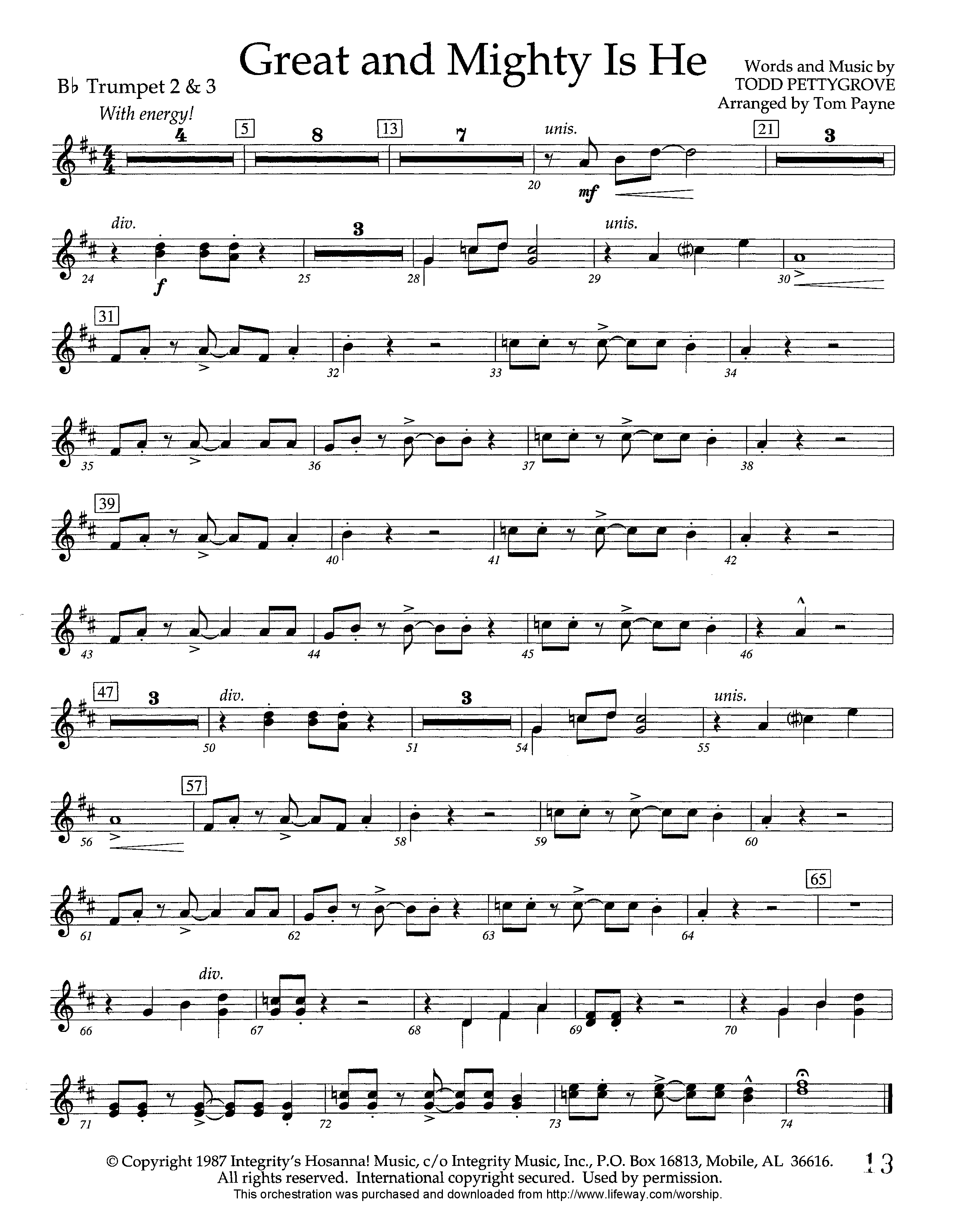 Great and Mighty is He (Instrumental) Trumpet 2/3 (Lifeway Worship / Arr. Tom Payne)