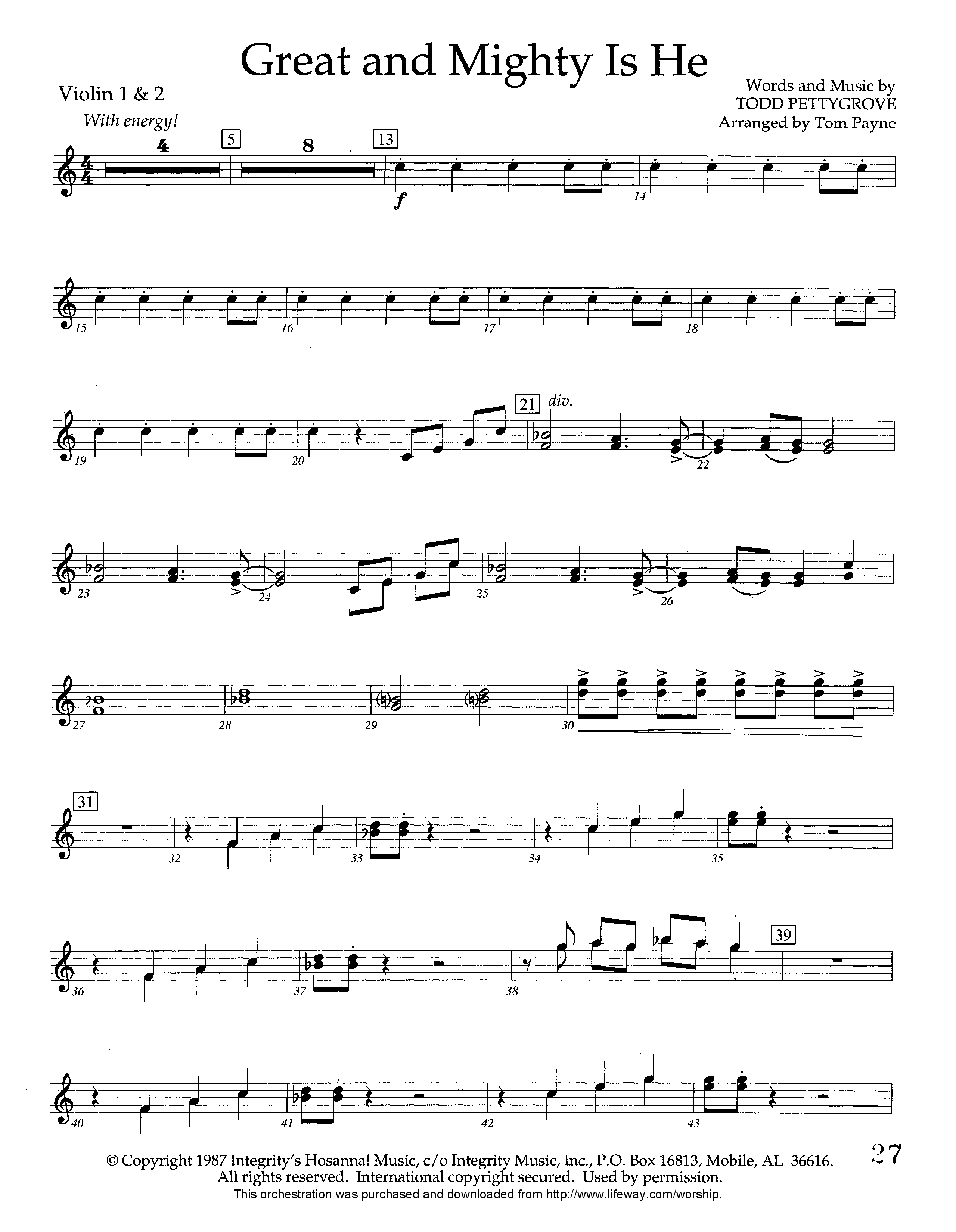 Great and Mighty is He (Instrumental) Violin 1/2 (Lifeway Worship / Arr. Tom Payne)