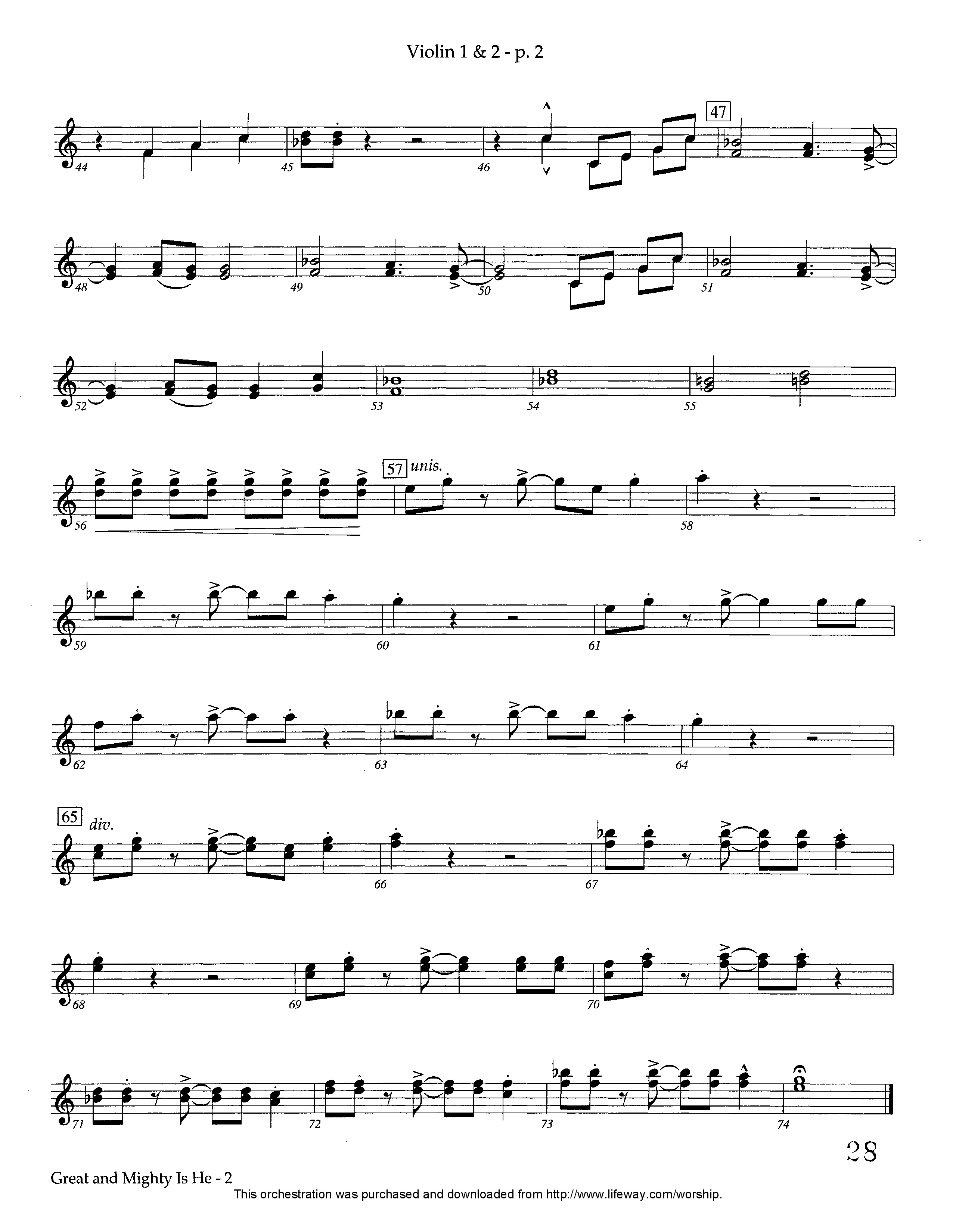 Great and Mighty is He (Instrumental) Violin 1/2 (Lifeway Worship / Arr. Tom Payne)