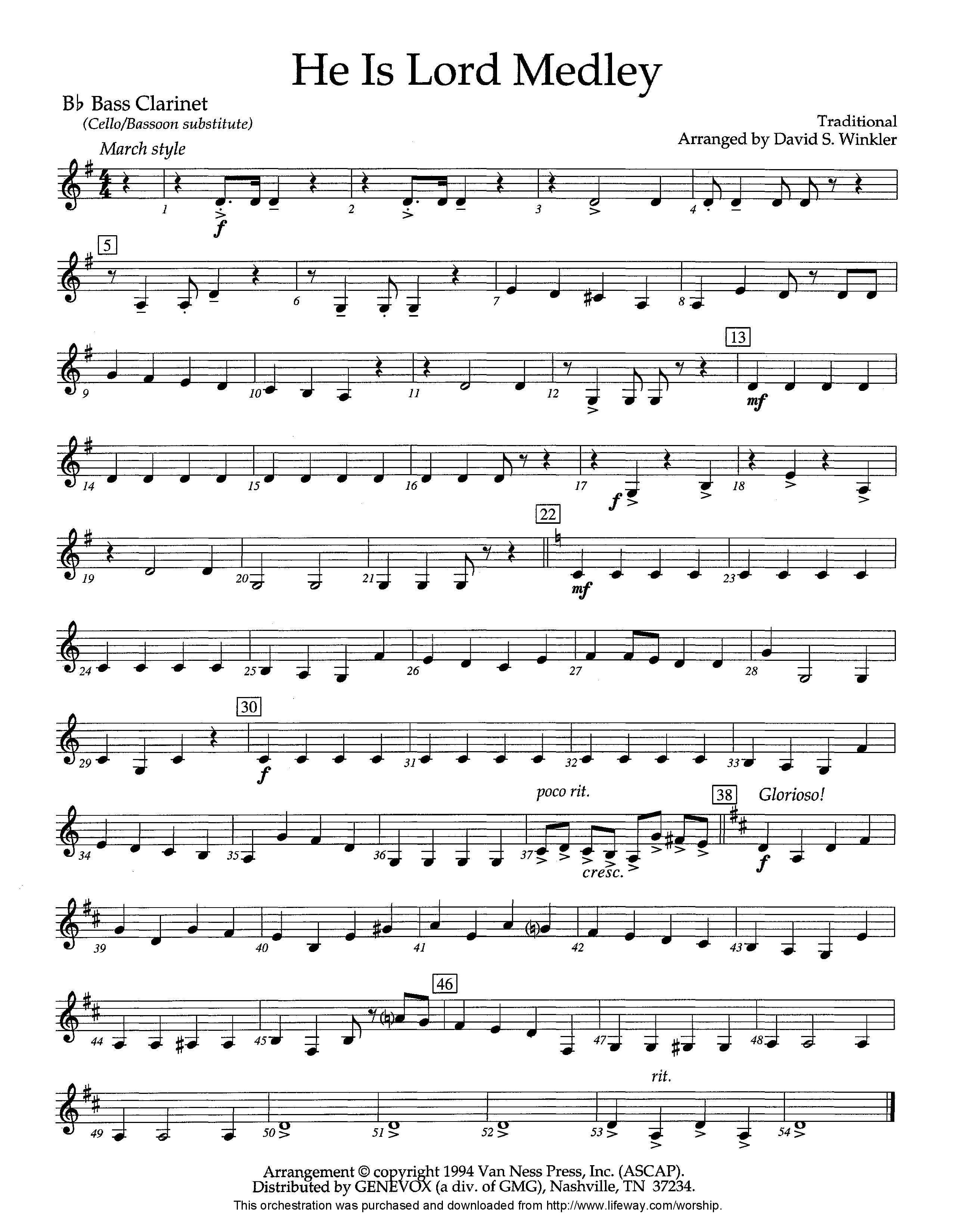 He Is Lord Medley (Instrumental) Bass Clarinet (Lifeway Worship / Arr. David Winkler)