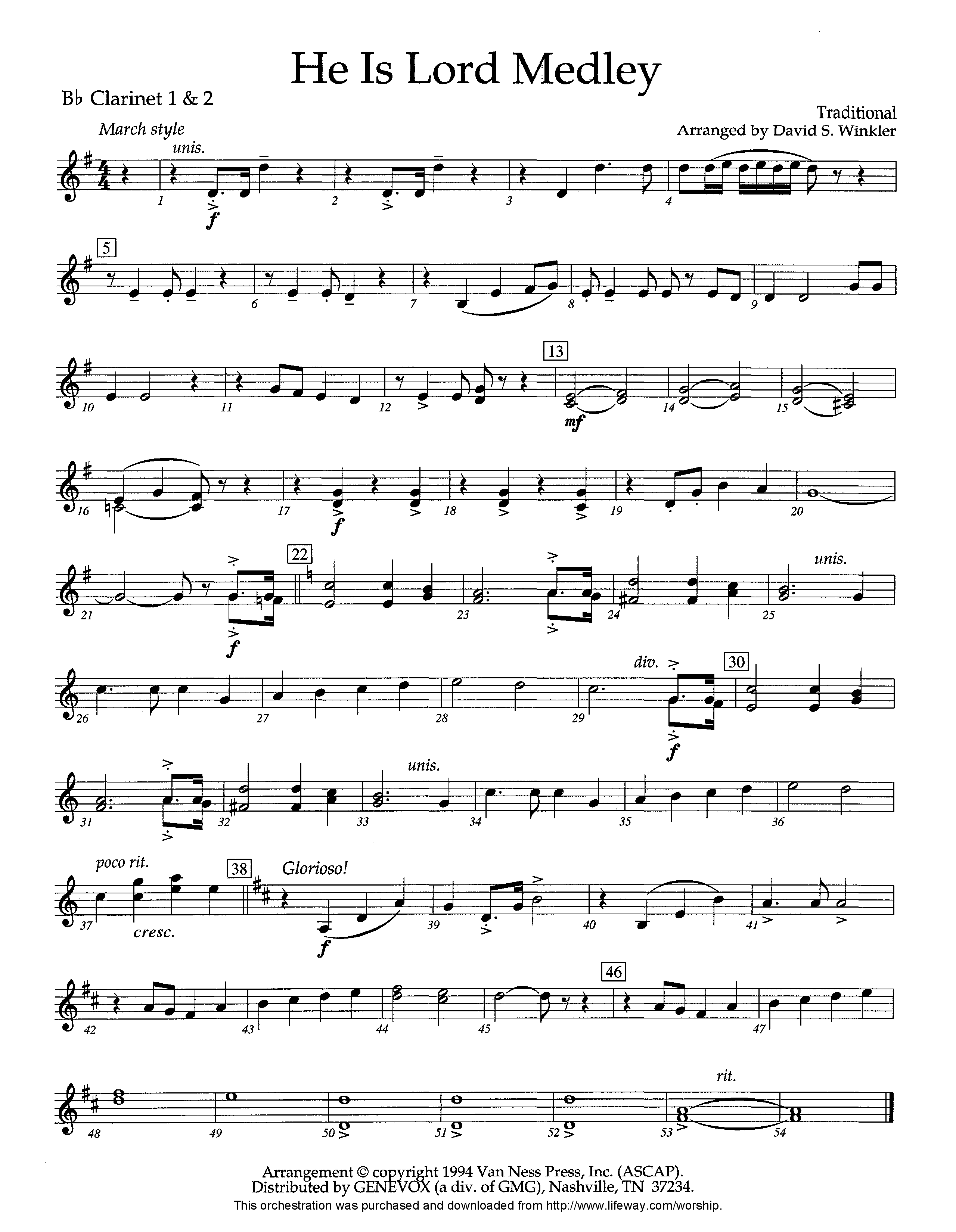 He Is Lord Medley (Instrumental) Clarinet 1/2 (Lifeway Worship / Arr. David Winkler)