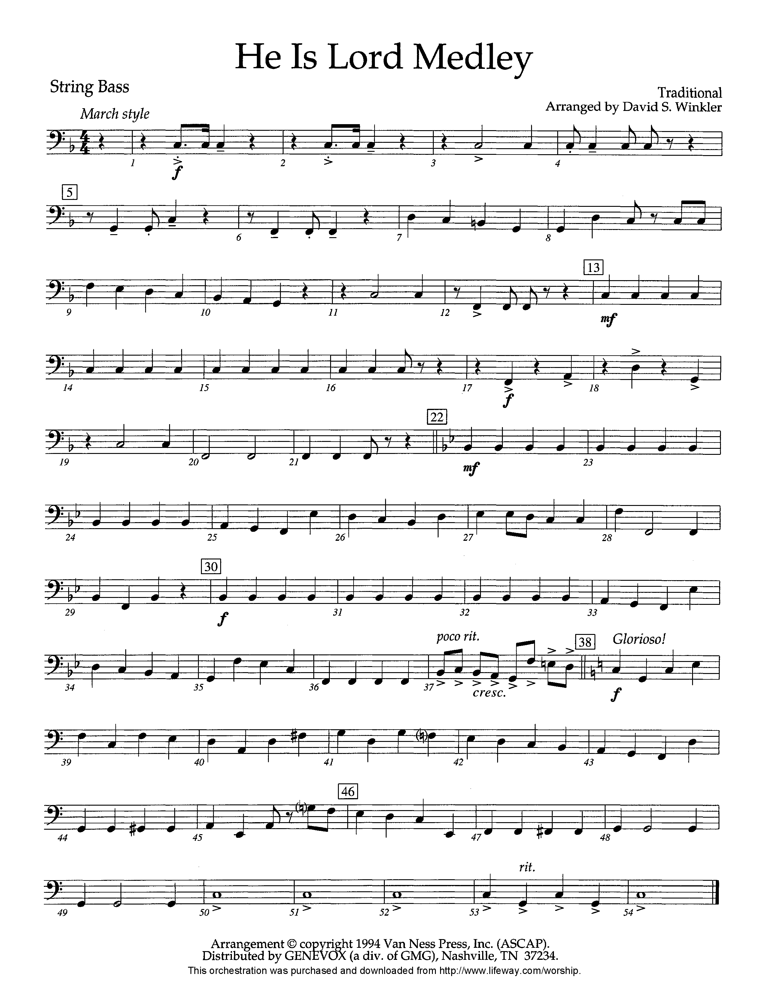 He Is Lord Medley (Instrumental) Double Bass (Lifeway Worship / Arr. David Winkler)