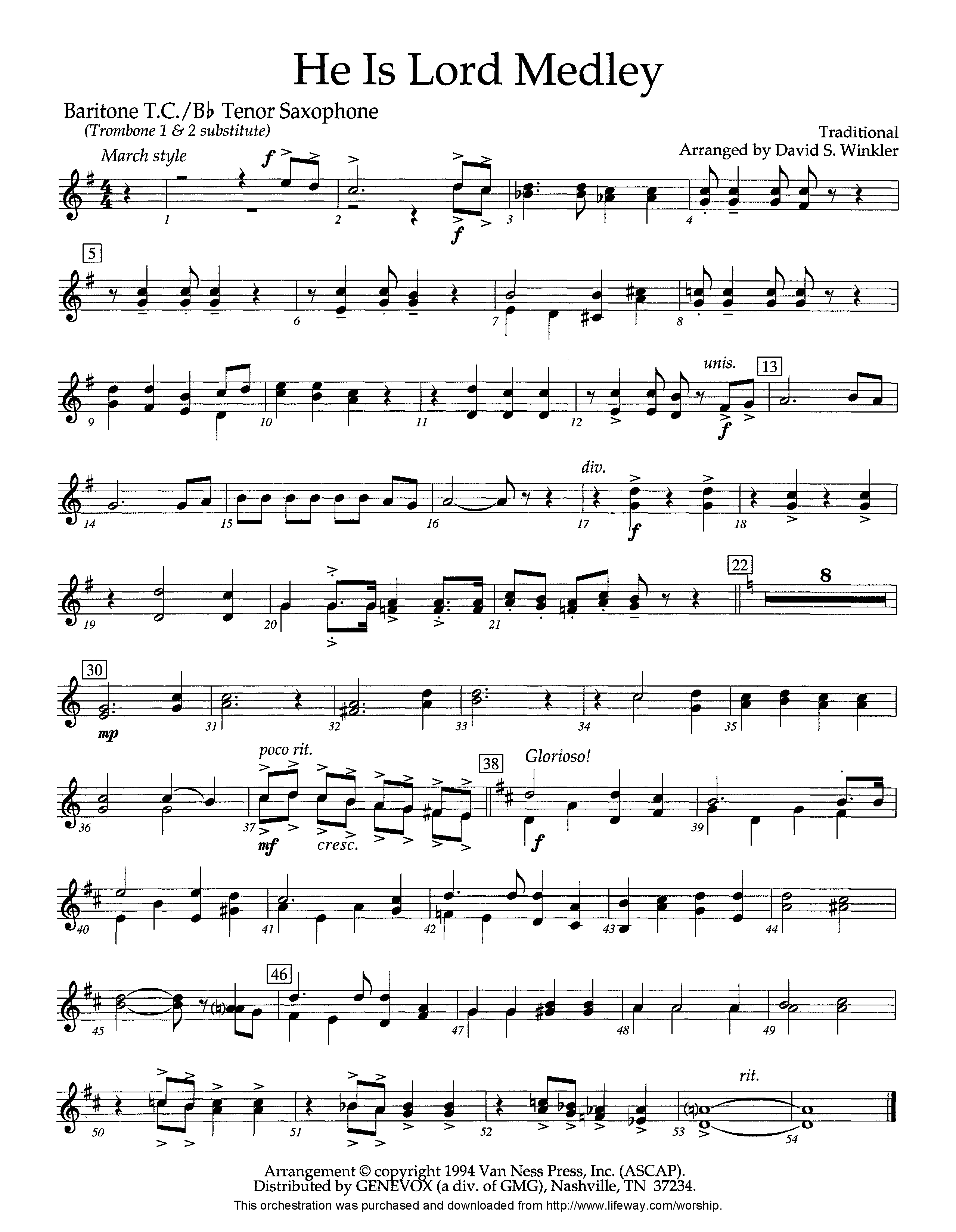 He Is Lord Medley (Instrumental) Tenor Sax/Baritone T.C. (Lifeway Worship / Arr. David Winkler)