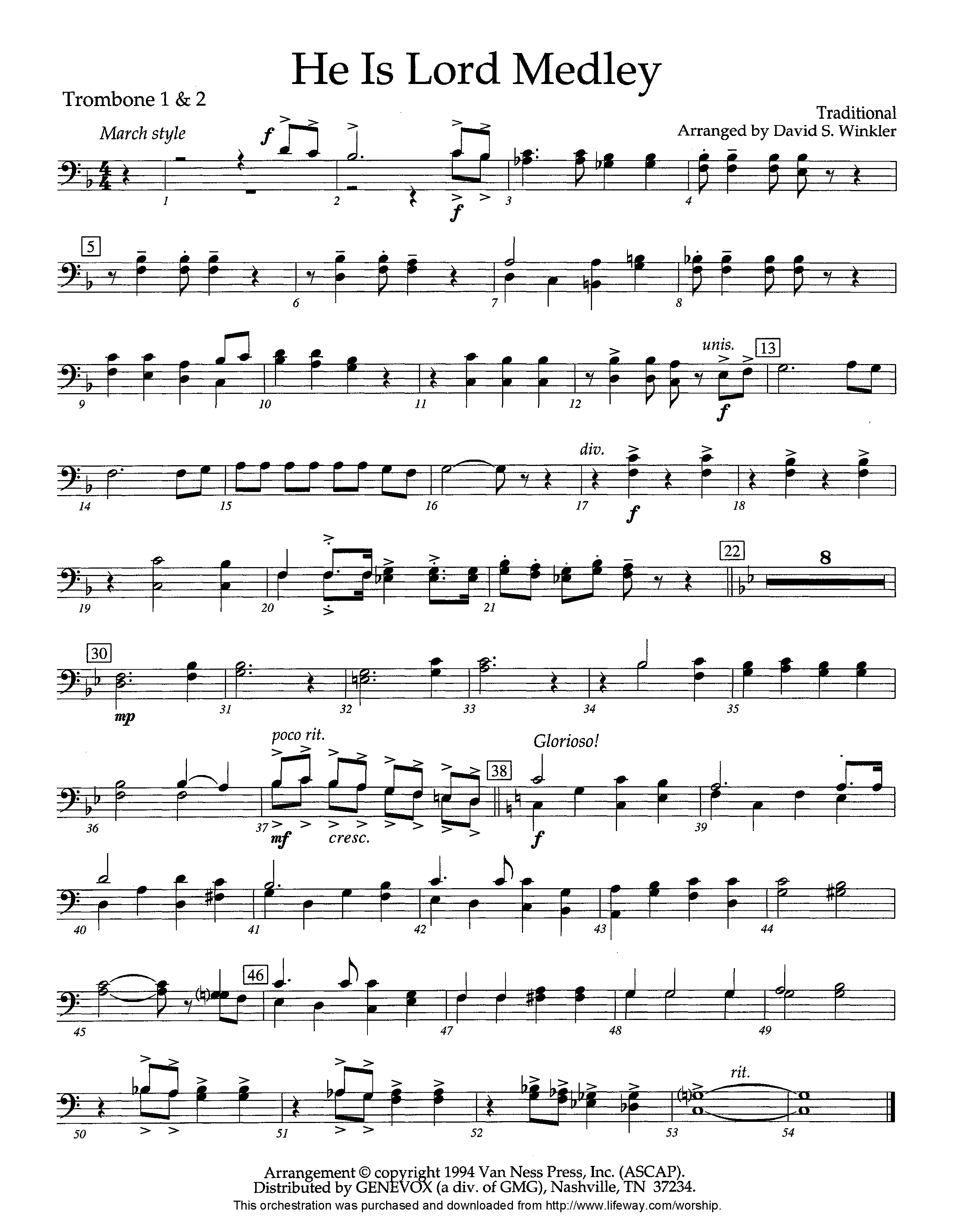 He Is Lord Medley (Instrumental) Trombone 1/2 (Lifeway Worship / Arr. David Winkler)