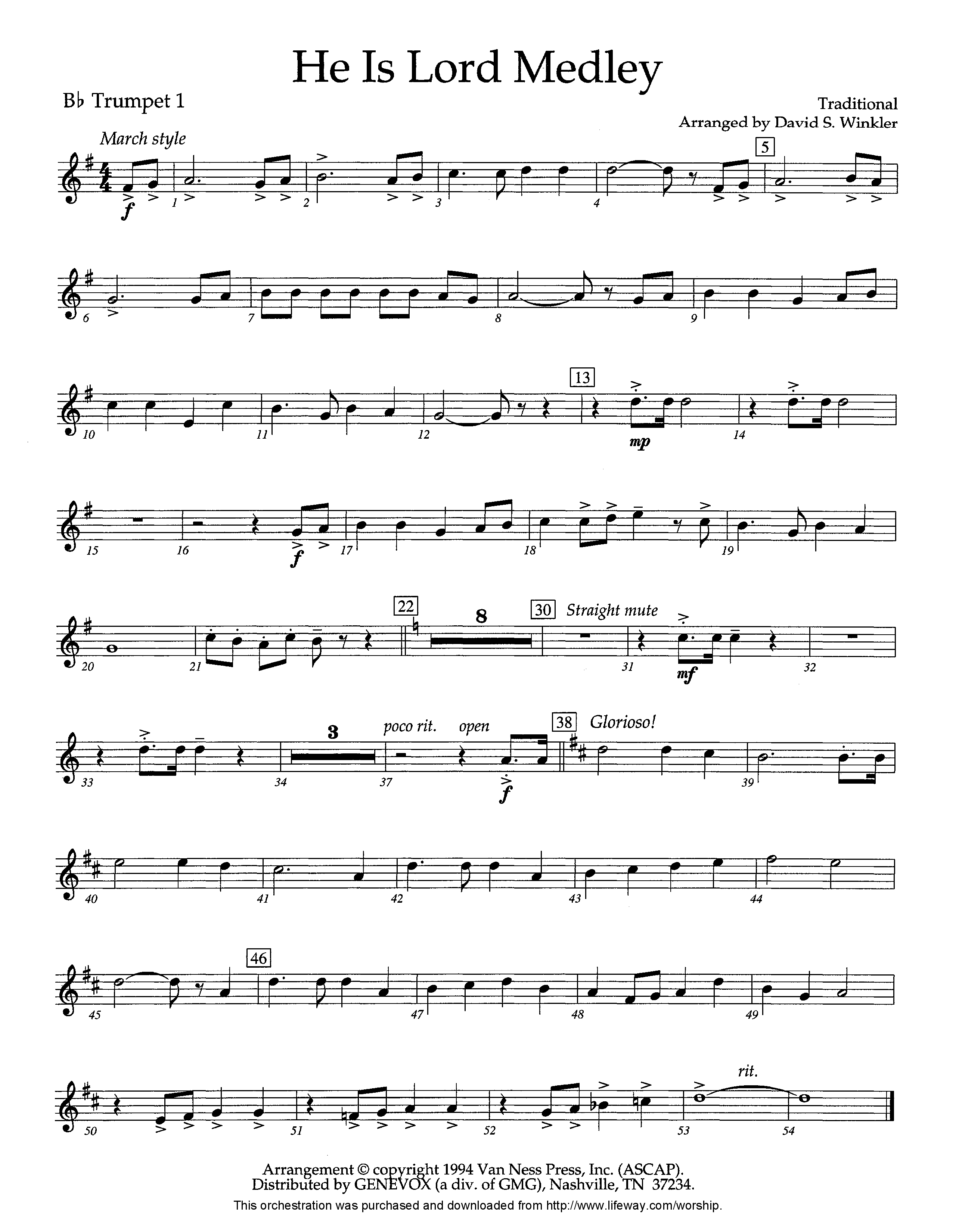 He Is Lord Medley (Instrumental) Trumpet 1 (Lifeway Worship / Arr. David Winkler)