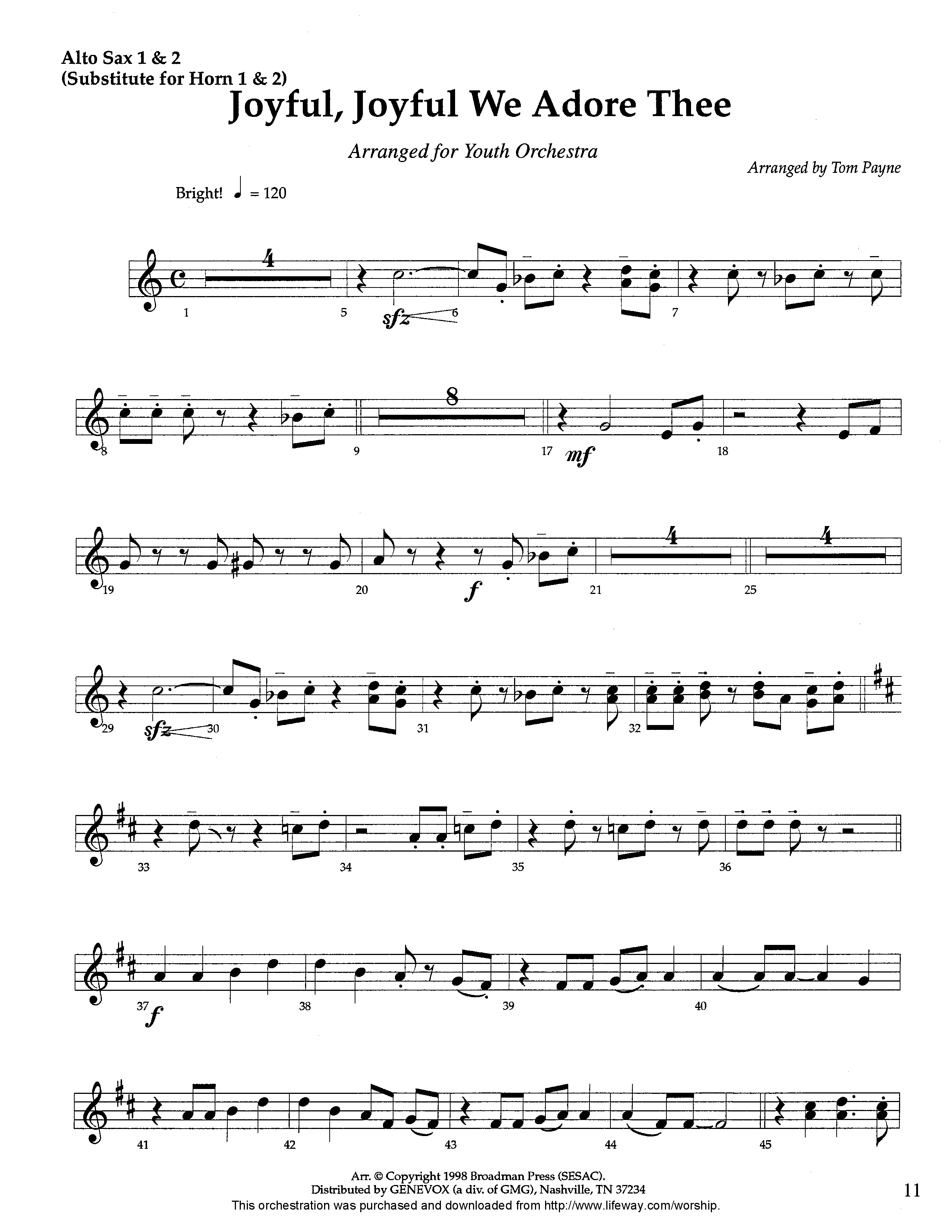 Joyful Joyful We Adore Thee (Instrumental) Alto Sax 1/2 (Lifeway Worship / Arr. Tom Payne)