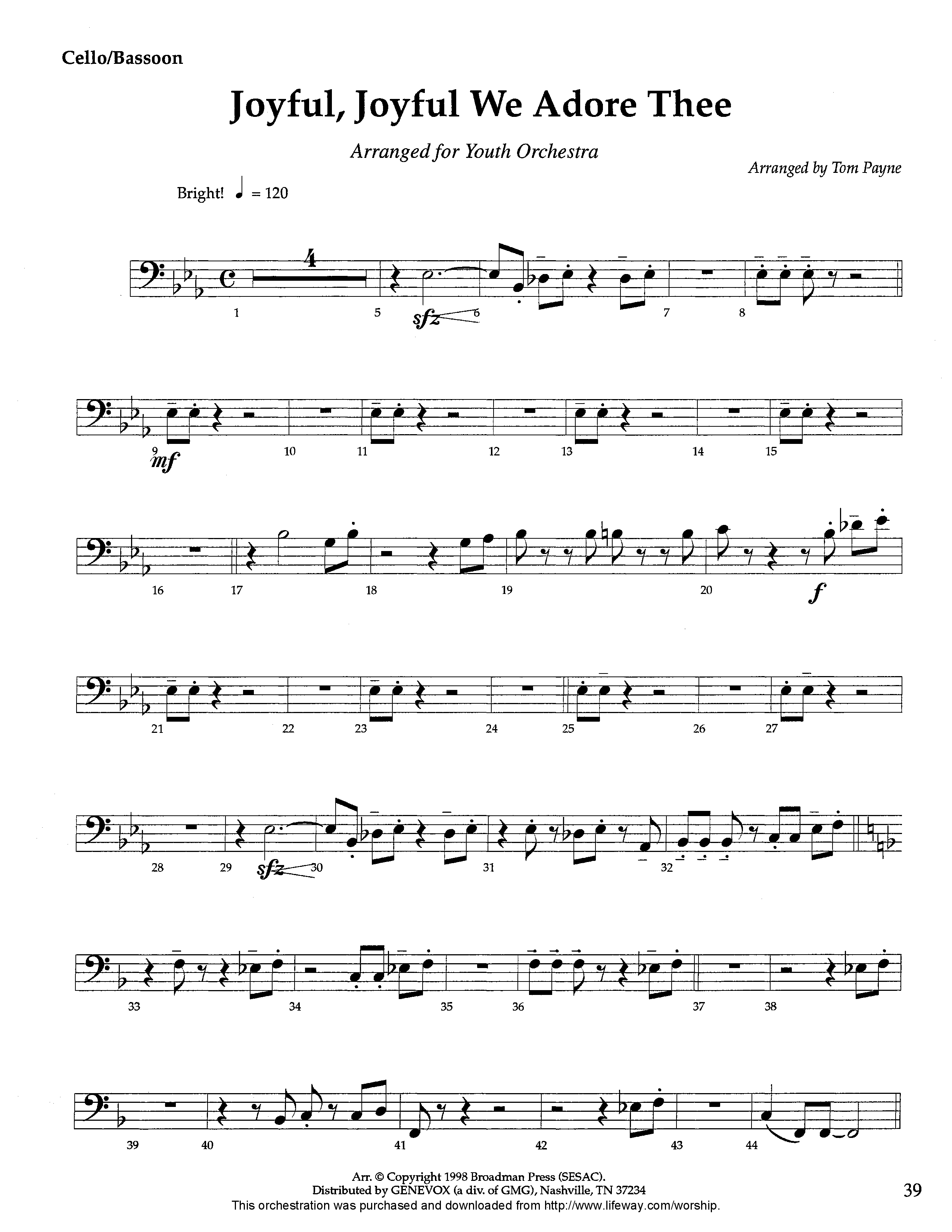 Joyful Joyful We Adore Thee (Instrumental) Cello (Lifeway Worship / Arr. Tom Payne)