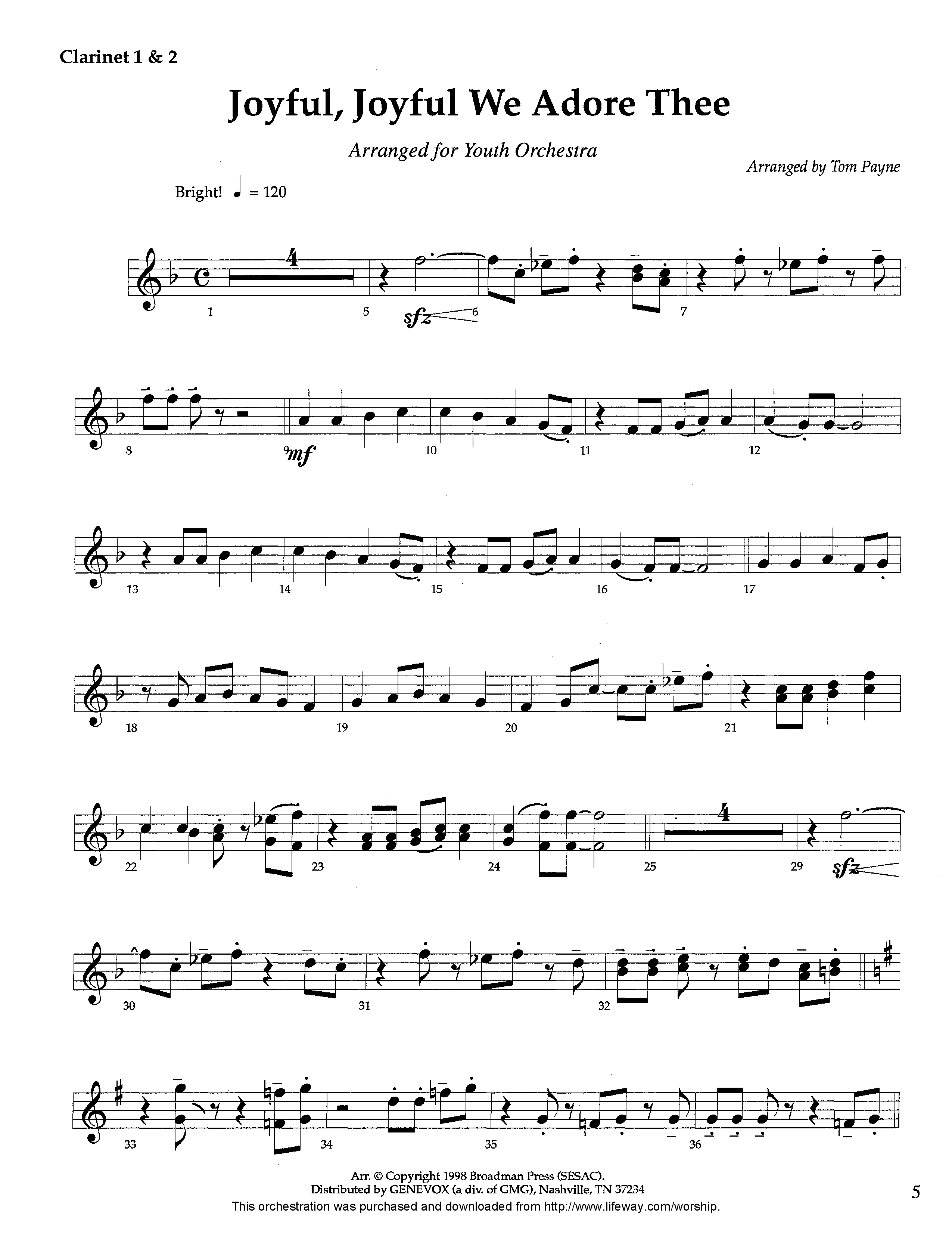 Joyful Joyful We Adore Thee (Instrumental) Clarinet 1/2 (Lifeway Worship / Arr. Tom Payne)