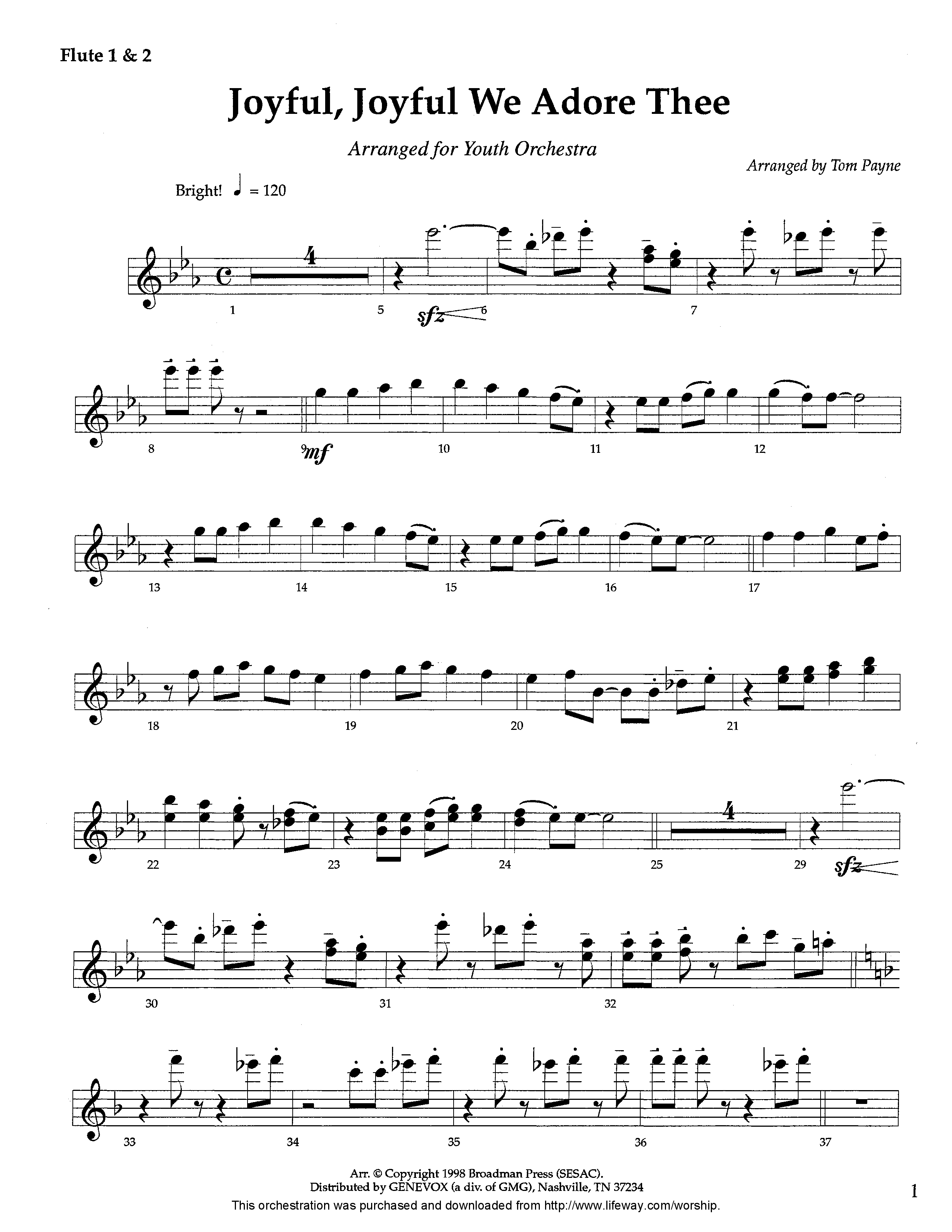 Joyful Joyful We Adore Thee (Instrumental) Flute 1/2 (Lifeway Worship / Arr. Tom Payne)