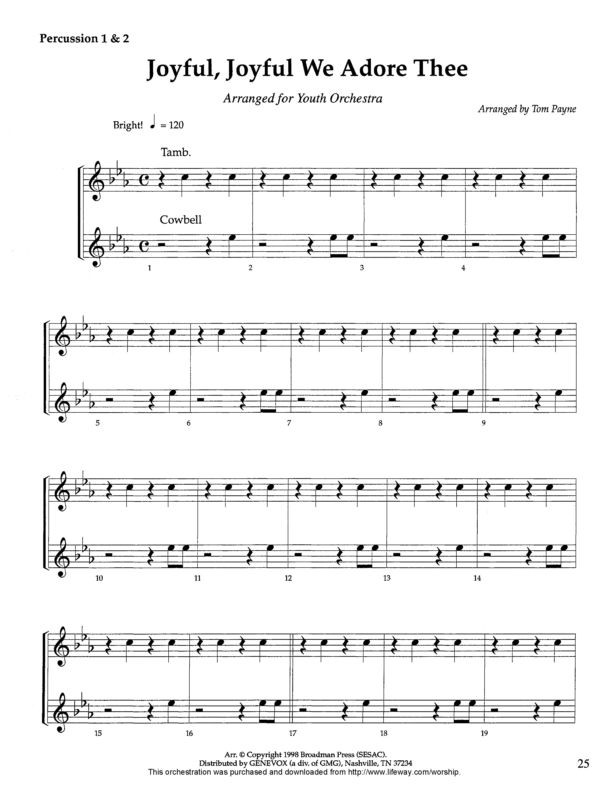 Joyful Joyful We Adore Thee (Instrumental) Percussion 1/2 (Lifeway Worship / Arr. Tom Payne)