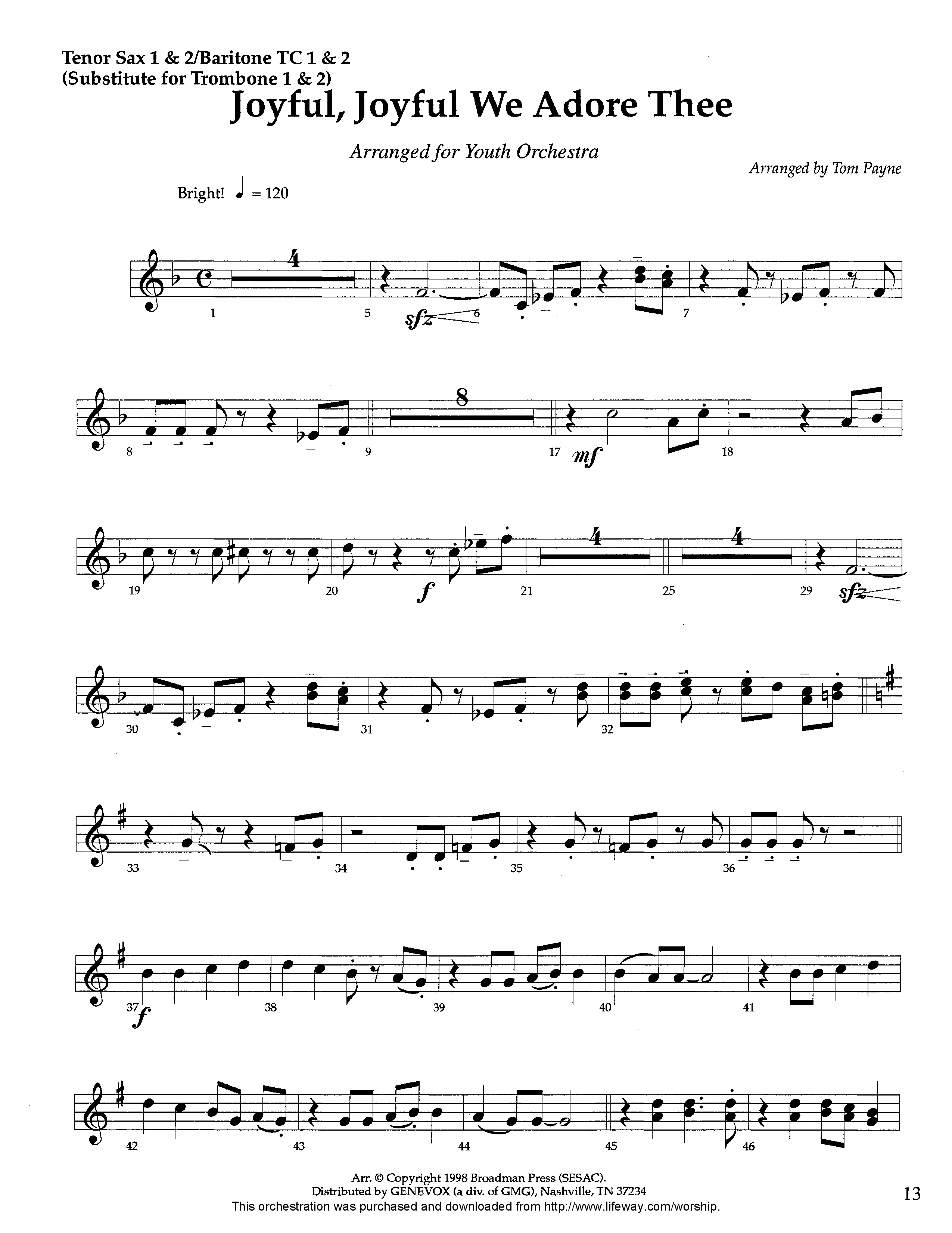 Joyful Joyful We Adore Thee (Instrumental) Tenor Sax/Baritone T.C. (Lifeway Worship / Arr. Tom Payne)