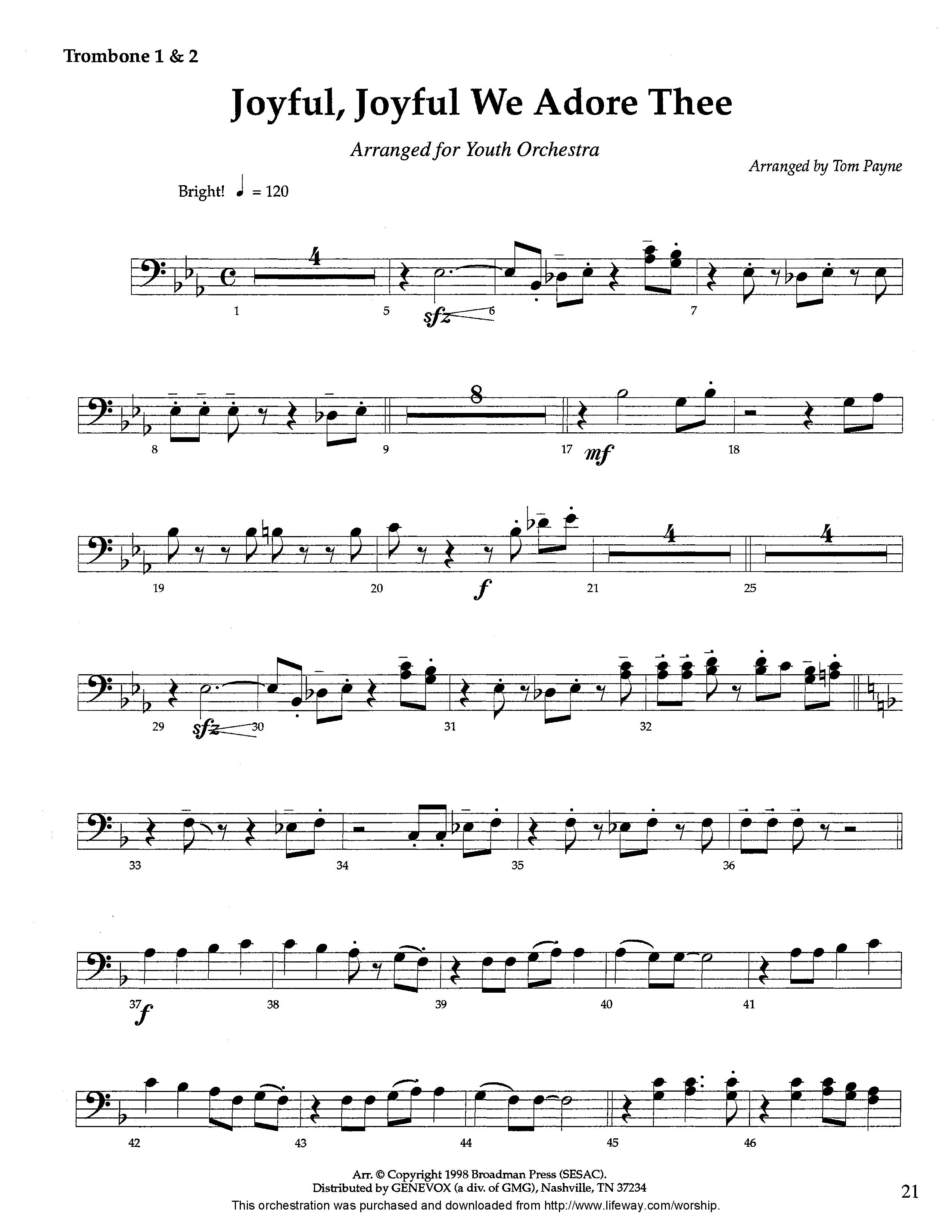 Joyful Joyful We Adore Thee (Instrumental) Trombone 1/2 (Lifeway Worship / Arr. Tom Payne)