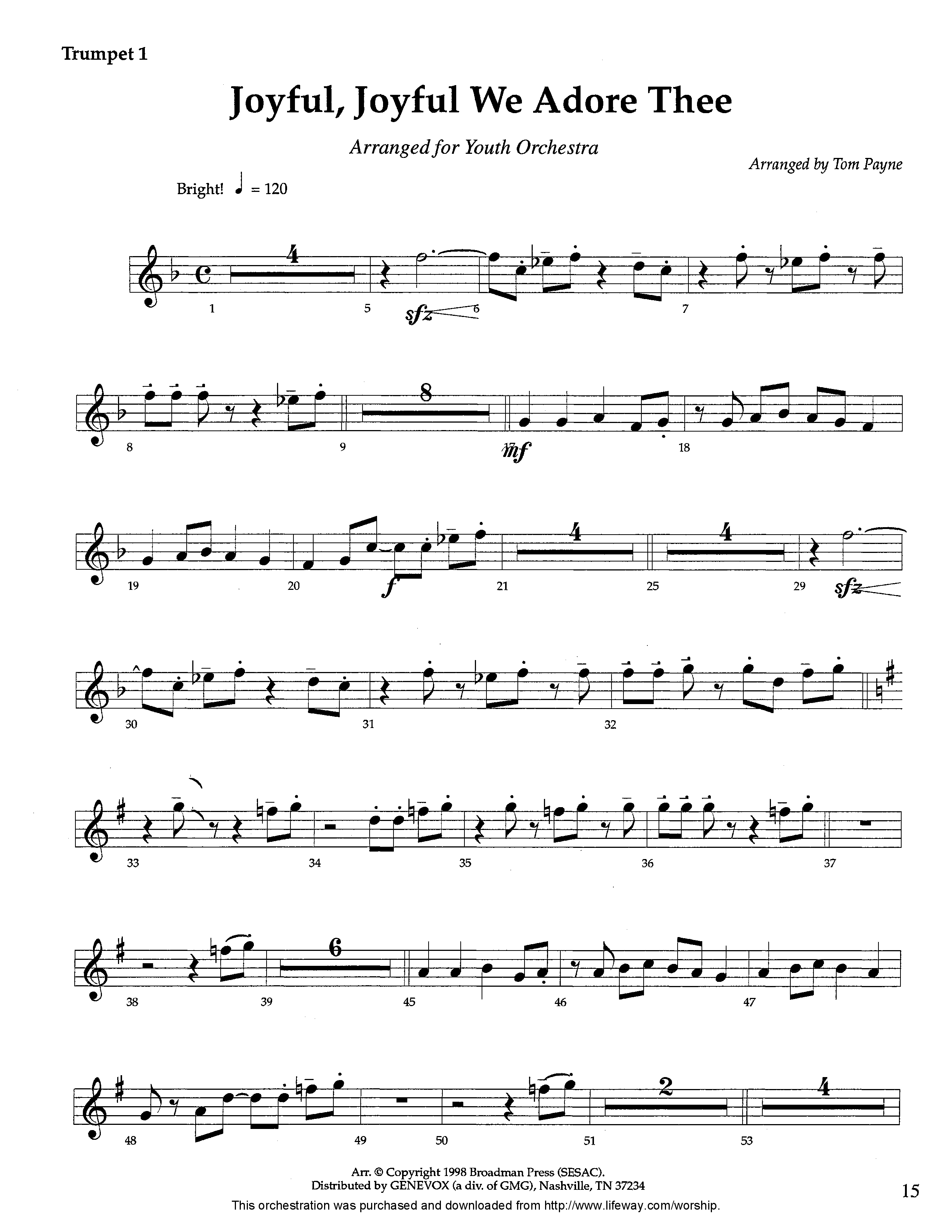Joyful Joyful We Adore Thee (Instrumental) Trumpet 1 (Lifeway Worship / Arr. Tom Payne)