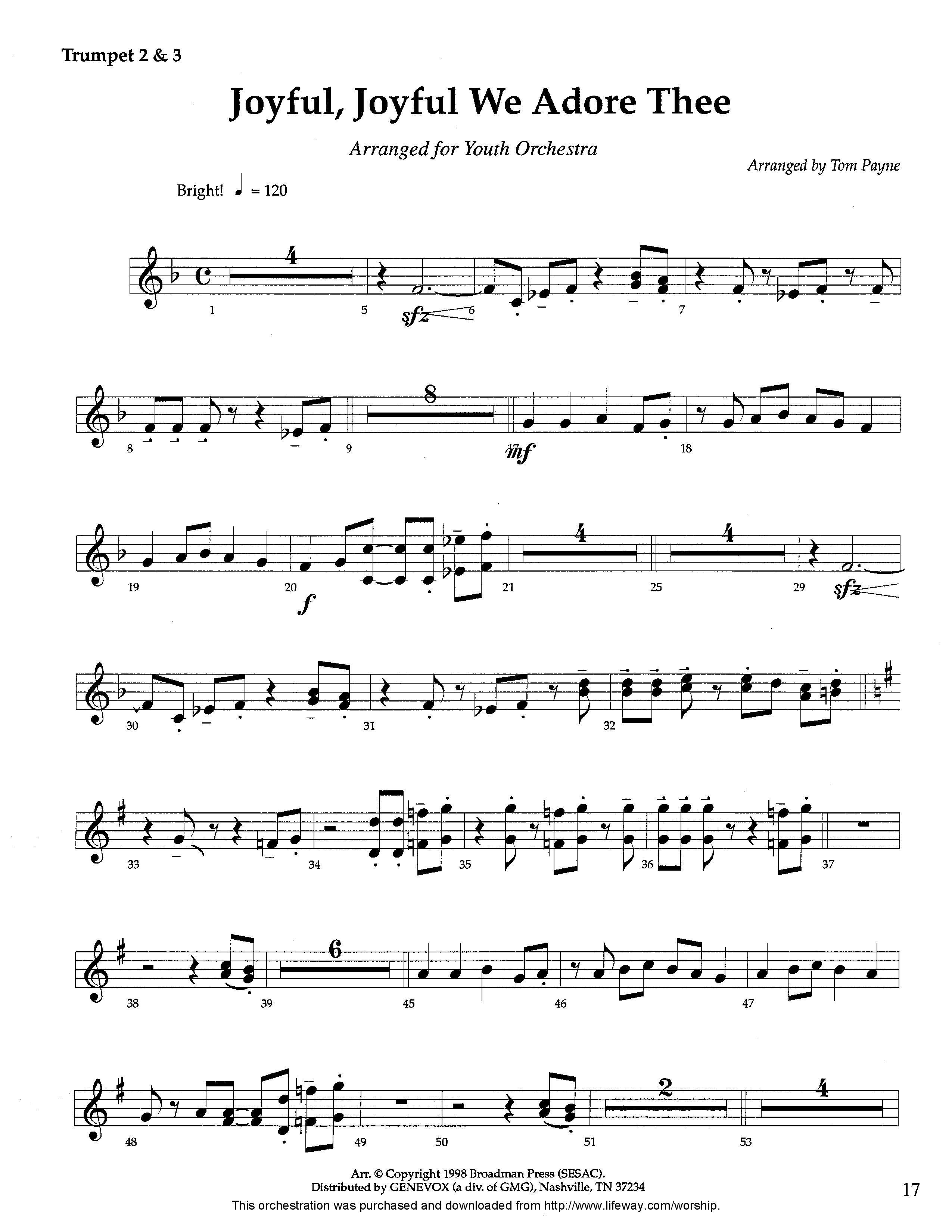 Joyful Joyful We Adore Thee (Instrumental) Trumpet 2/3 (Lifeway Worship / Arr. Tom Payne)