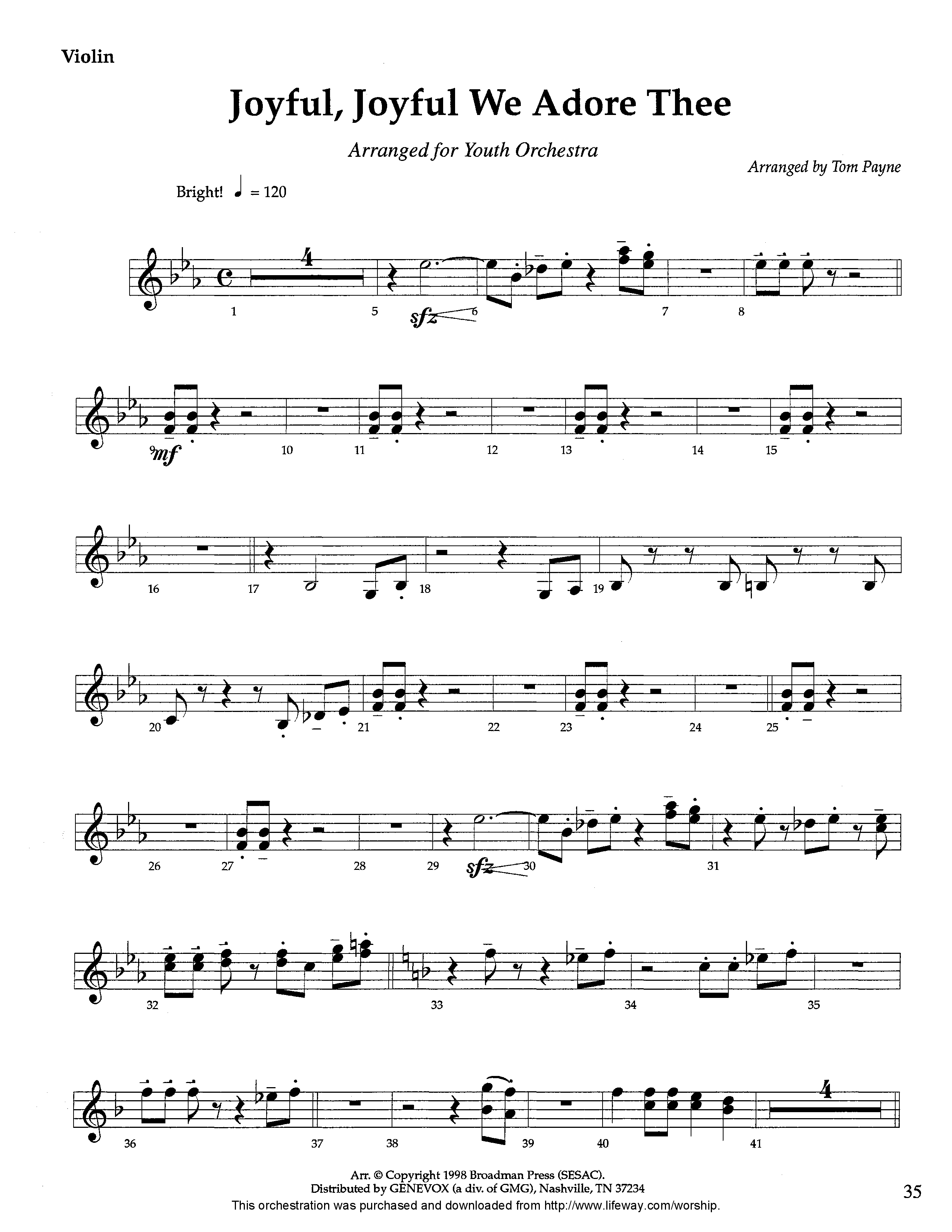 Joyful Joyful We Adore Thee (Instrumental) Violin 1 (Lifeway Worship / Arr. Tom Payne)