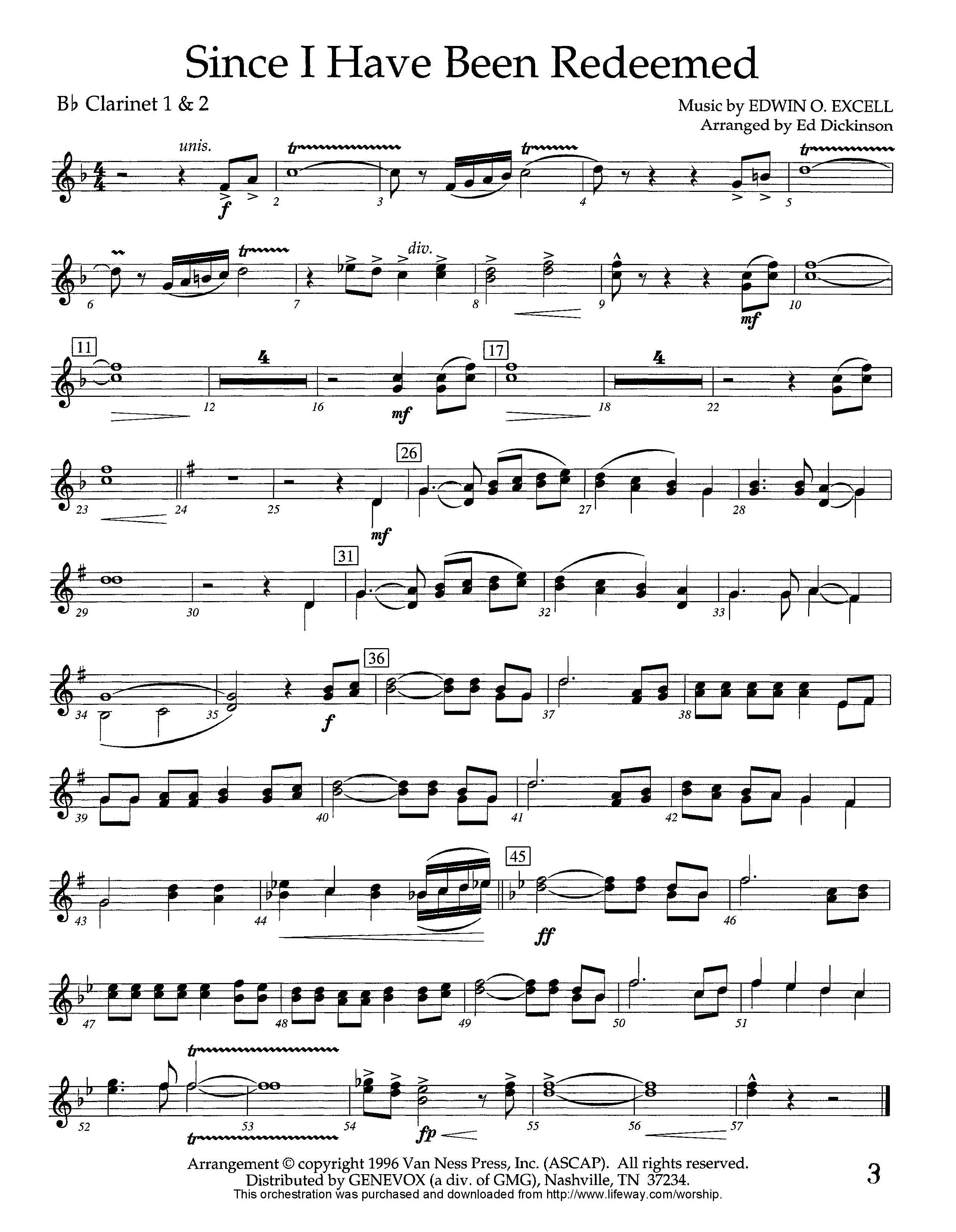 Since I Have Been Redeemed (Instrumental) Clarinet 1/2 (Lifeway Worship / Arr. Ed Dickinson)