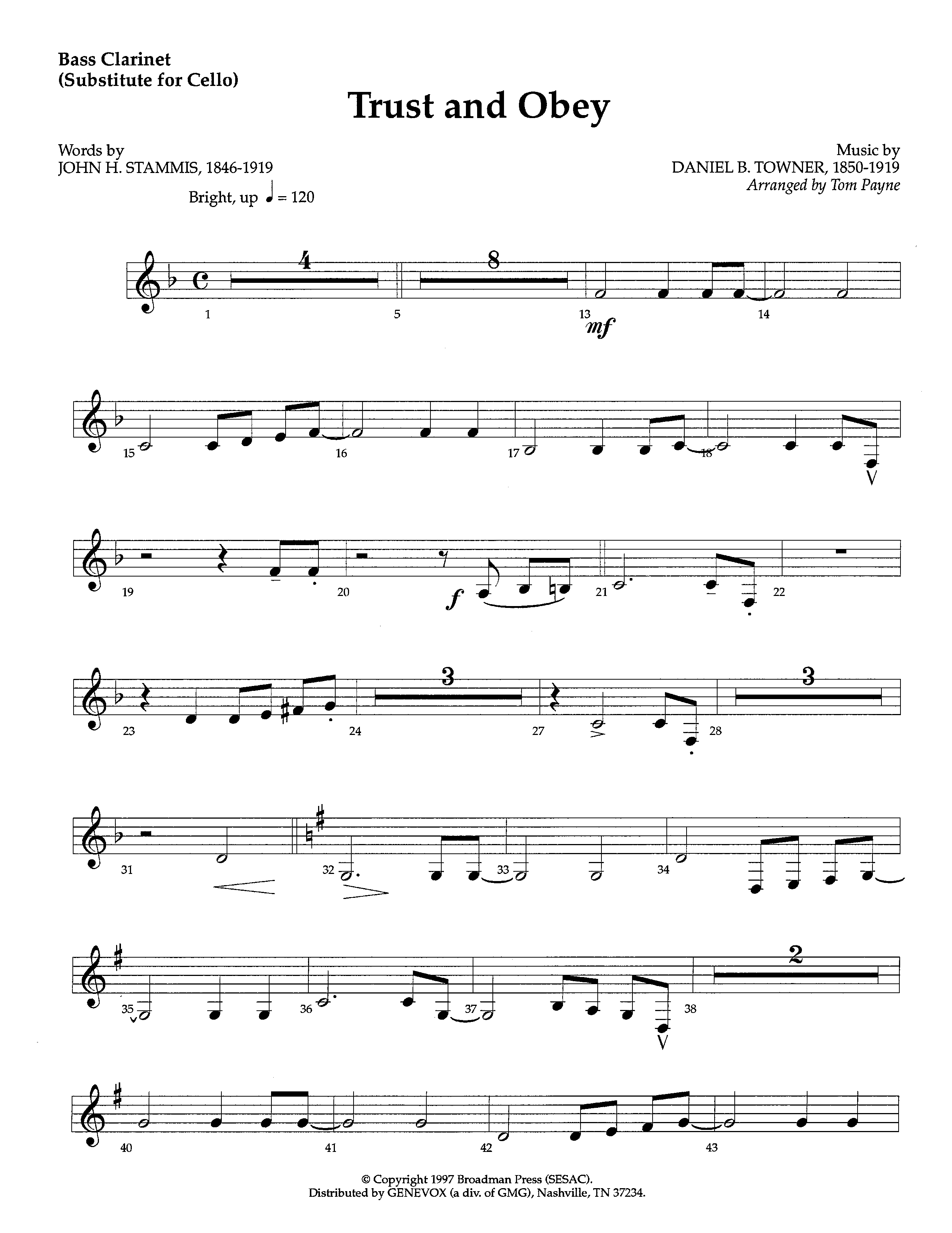 Trust And Obey (Instrumental) Bass Clarinet (Lifeway Worship / Arr. Tom Payne)