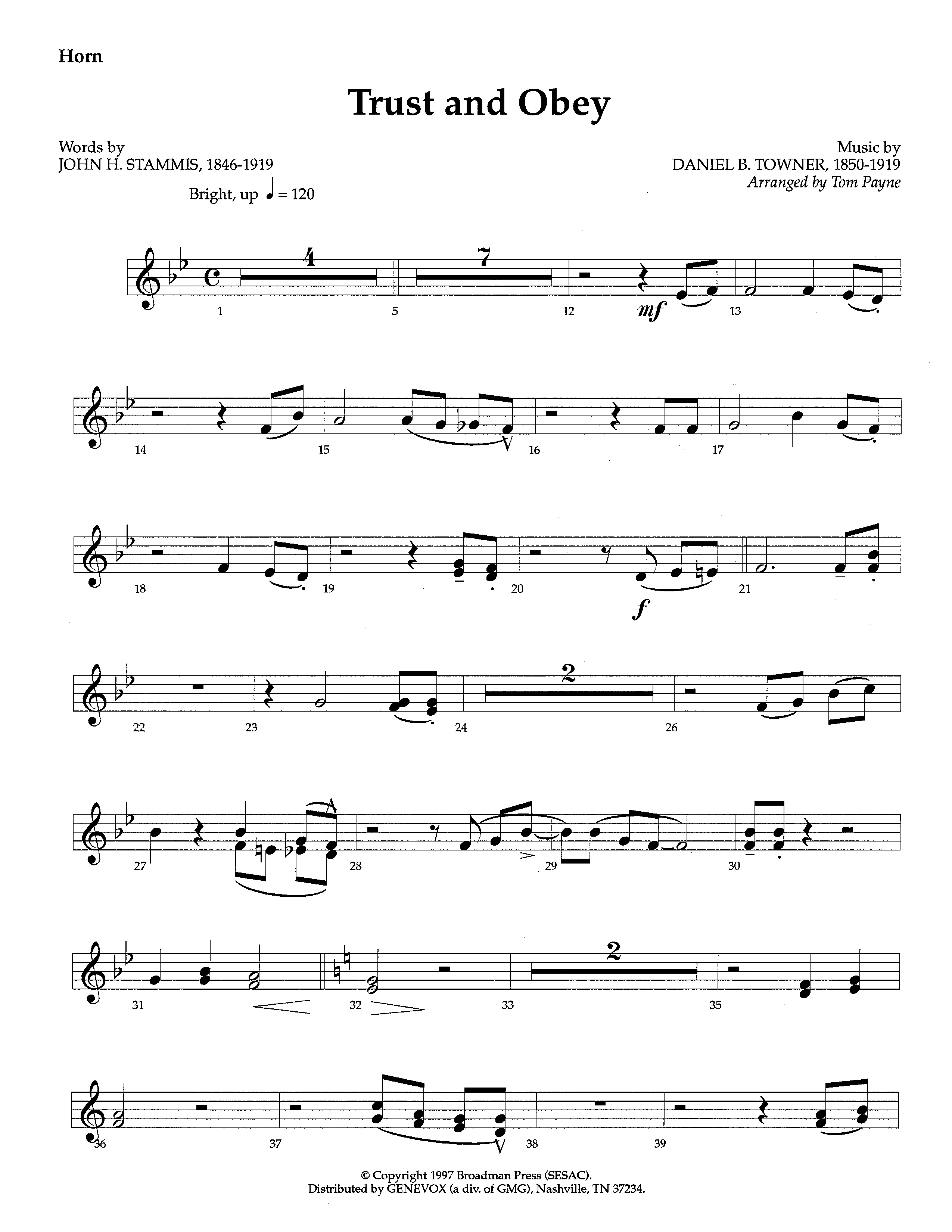 Trust And Obey (Instrumental) French Horn (Lifeway Worship / Arr. Tom Payne)